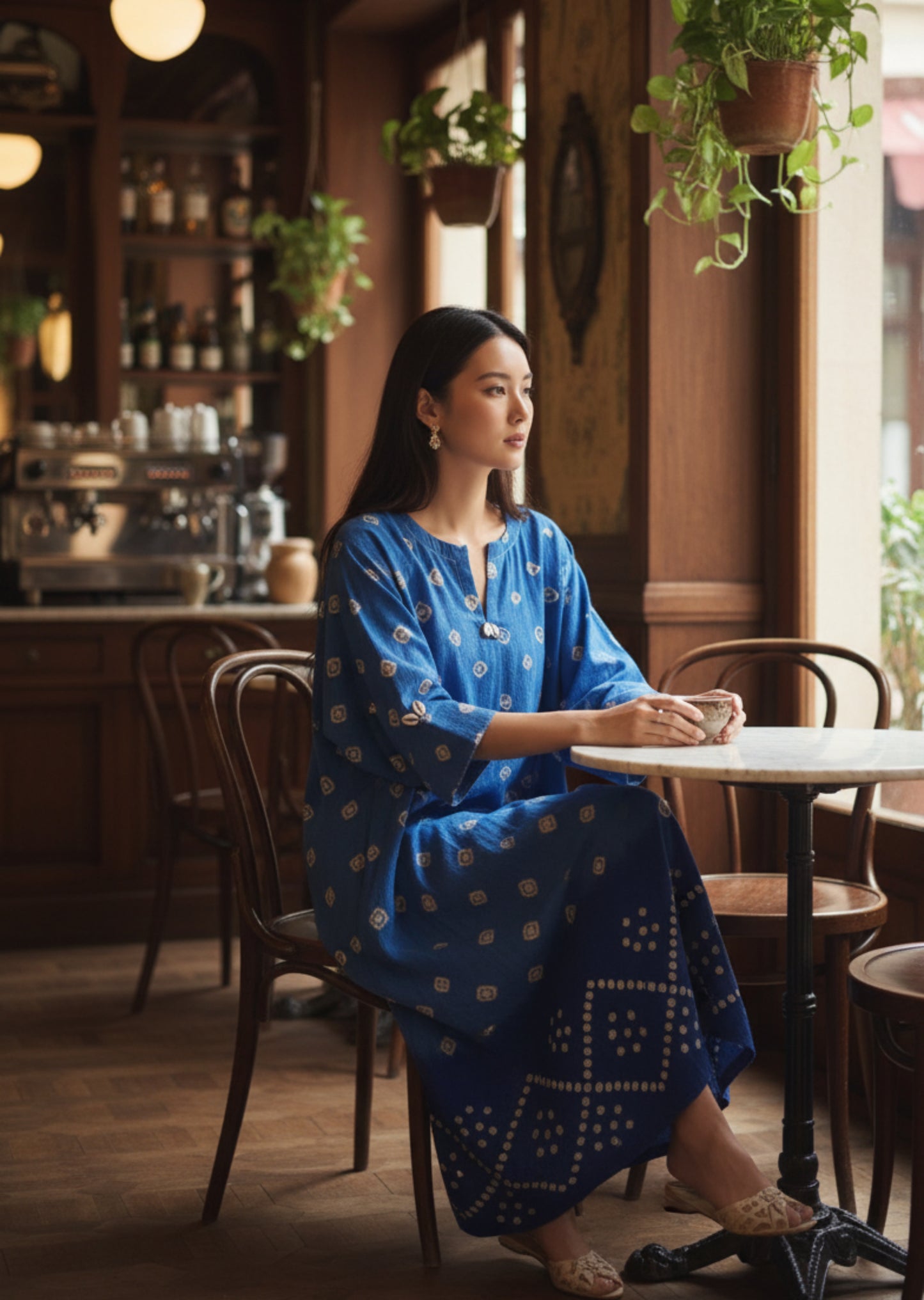 Blue Bandhani handwoven oversized kurta in organic cotton with cowrie and thread detailing by Turquoisethestore.