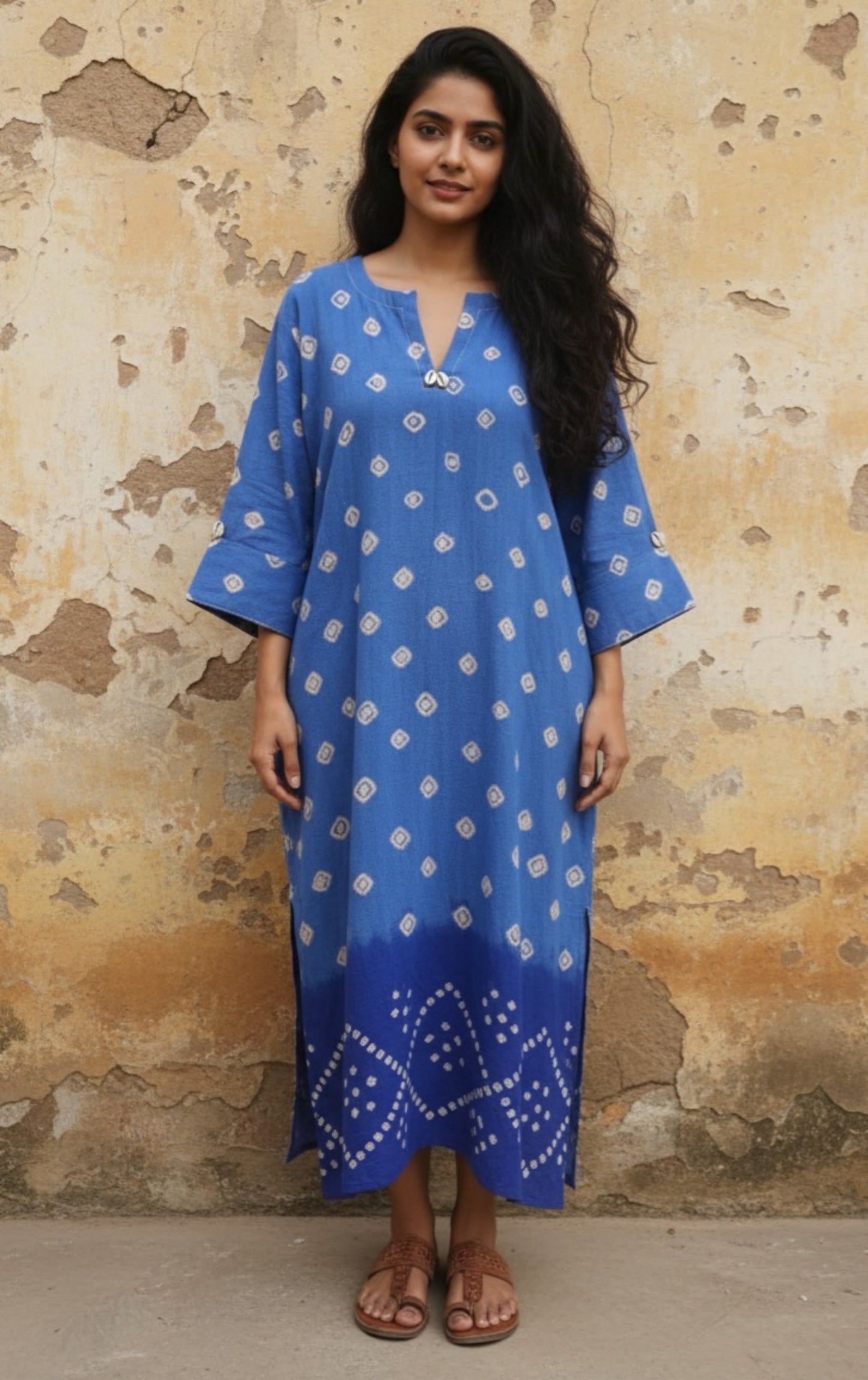 Blue Bandhani handwoven oversized kurta in organic cotton with cowrie and thread detailing by Turquoisethestore.
