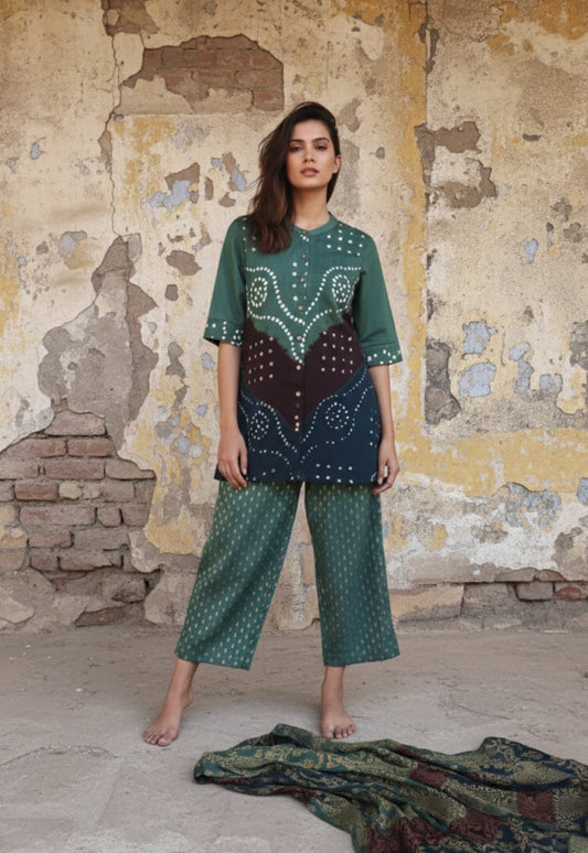 Hand tie dyed Bandhani shirt pant coord set in deep olive green cotton satin with mandarin collar, elasticated pants and Banarasi weave dupatta