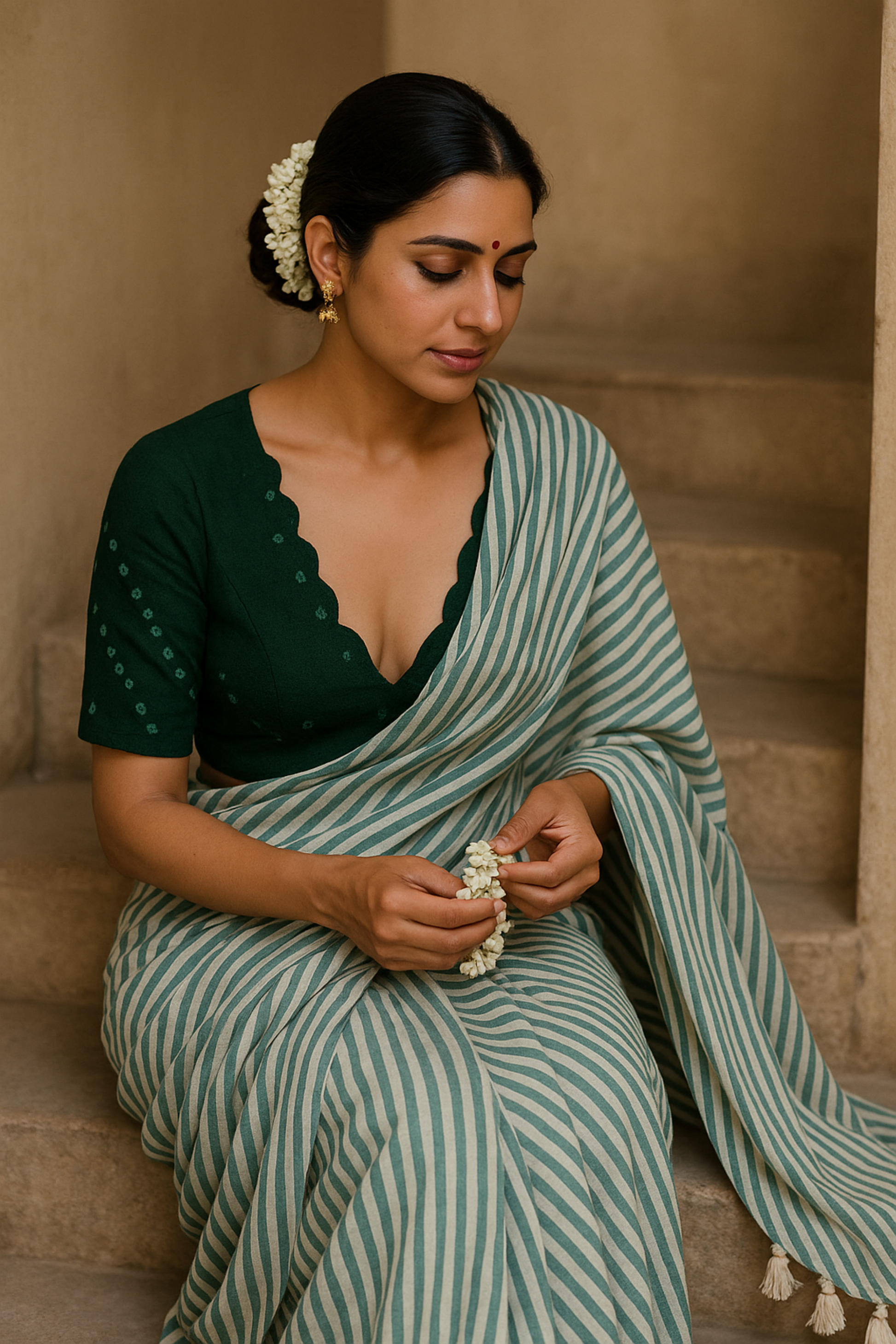 Handcrafted green Bandhani tie-dye blouse made from hand-spun and handwoven organic cotton, featuring a scalloped deep V-neck, pink lining, padded design, and back button closure - festive, elegant, and eco-conscious.