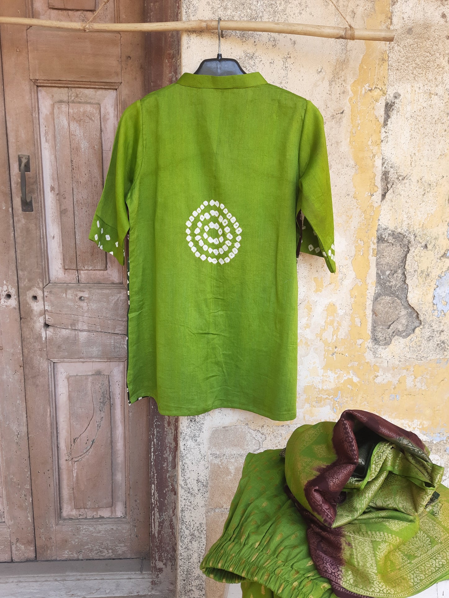 Green Bandhani Cotton Satin Shirt Pant Coord Set with Banarasi Dupatta