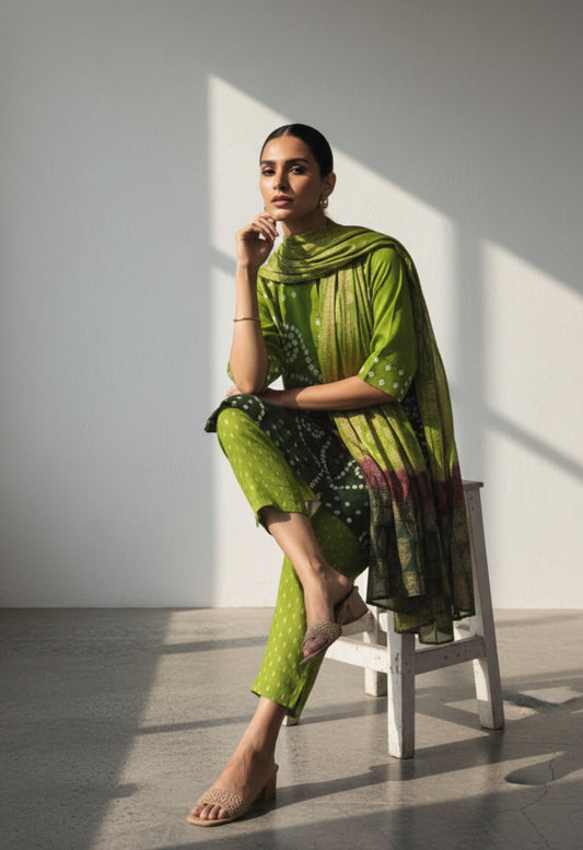 Green hand tie dyed Bandhani cotton satin shirt pant coord set with Banarasi dupatta