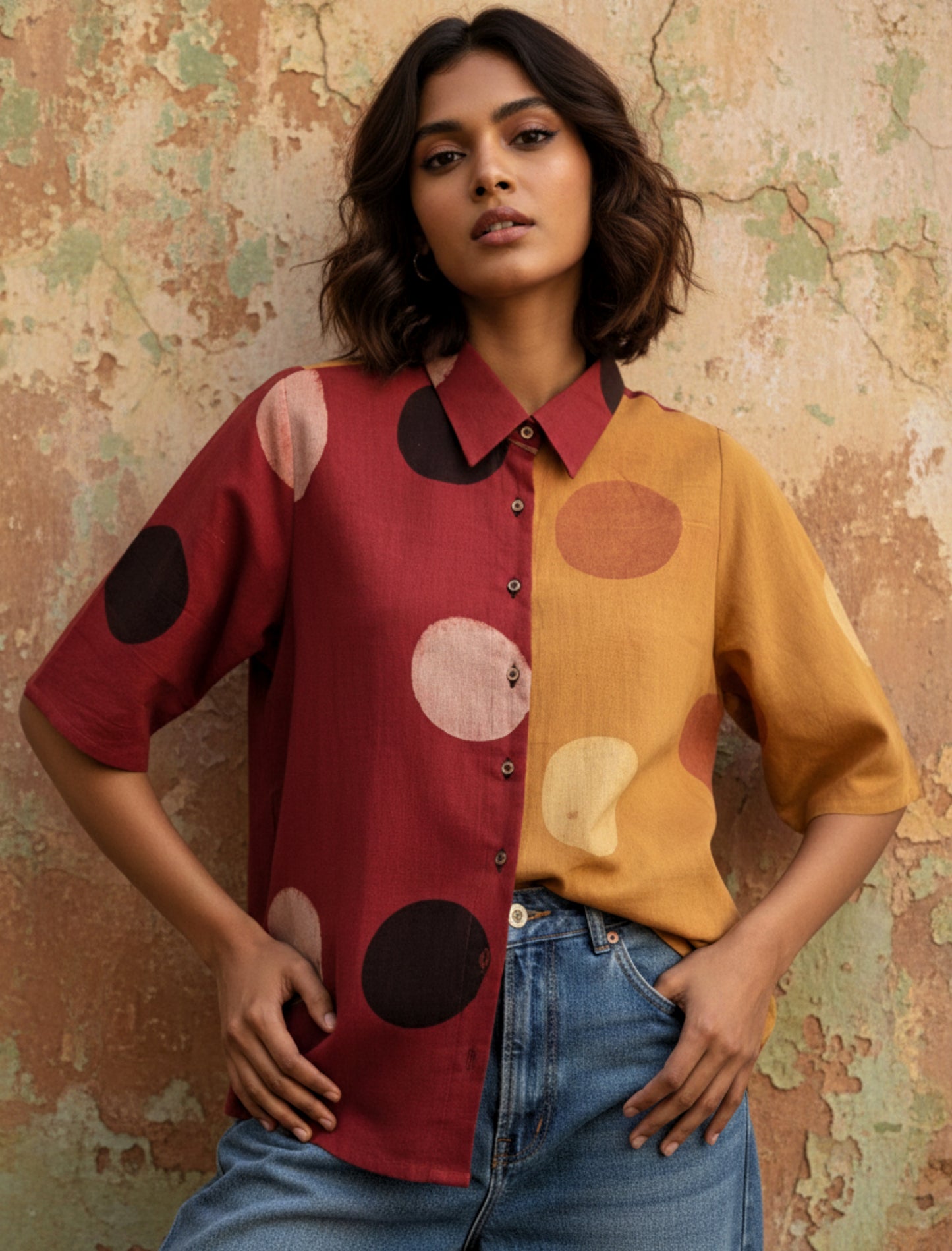 Half and half ajrakh hand block printed cotton shirt with cosmic moon polka motifs in turmeric yellow and madder red.