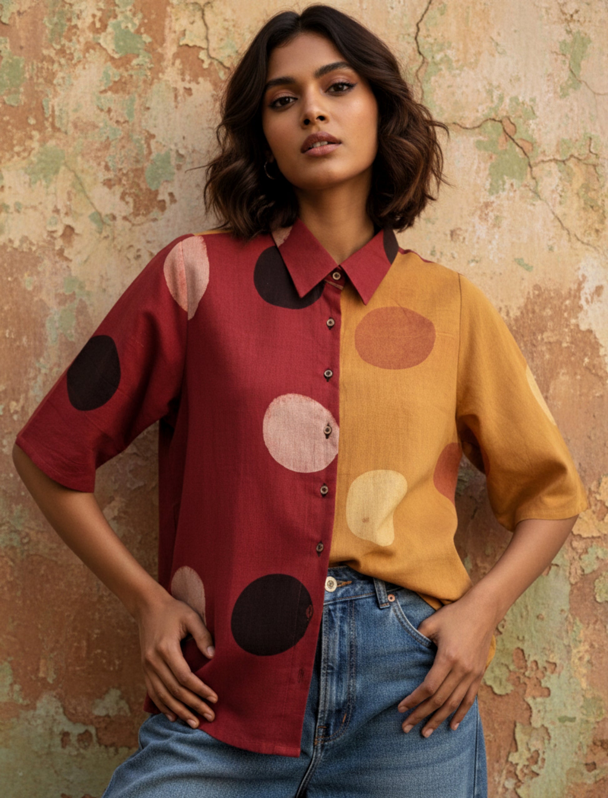 Half and half ajrakh hand block printed cotton shirt with cosmic moon polka motifs in turmeric yellow and madder red.