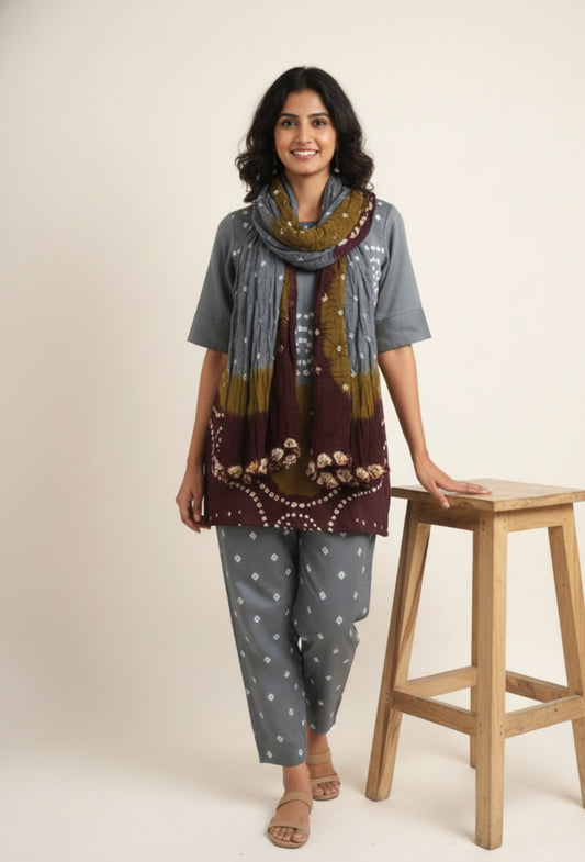 Bandhani Cotton Satin Three-Piece Co-Ord Set – Grey Olive Maroon