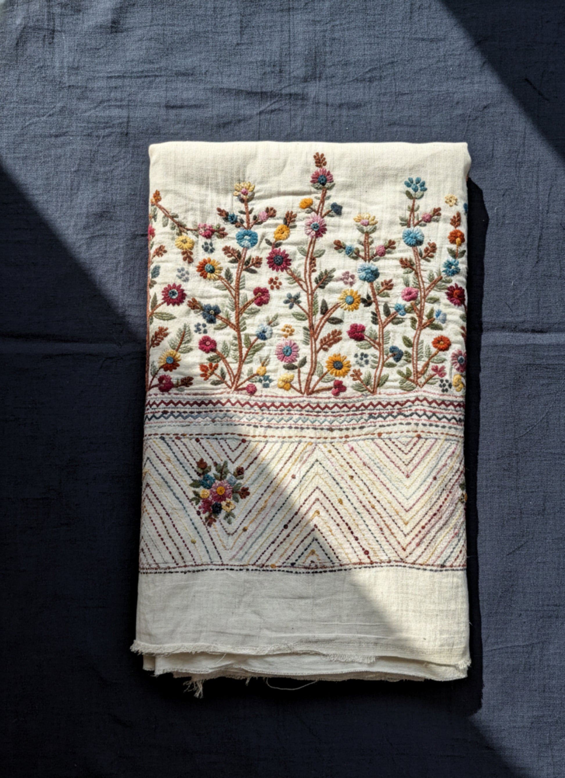 Handspun and handwoven cotton saree in natural ivory shade, featuring intricate hand embroidered floral motifs with subtle sequins. Slow made artisanal saree inspired by Basant, paired with a hand embroidered blouse piece.