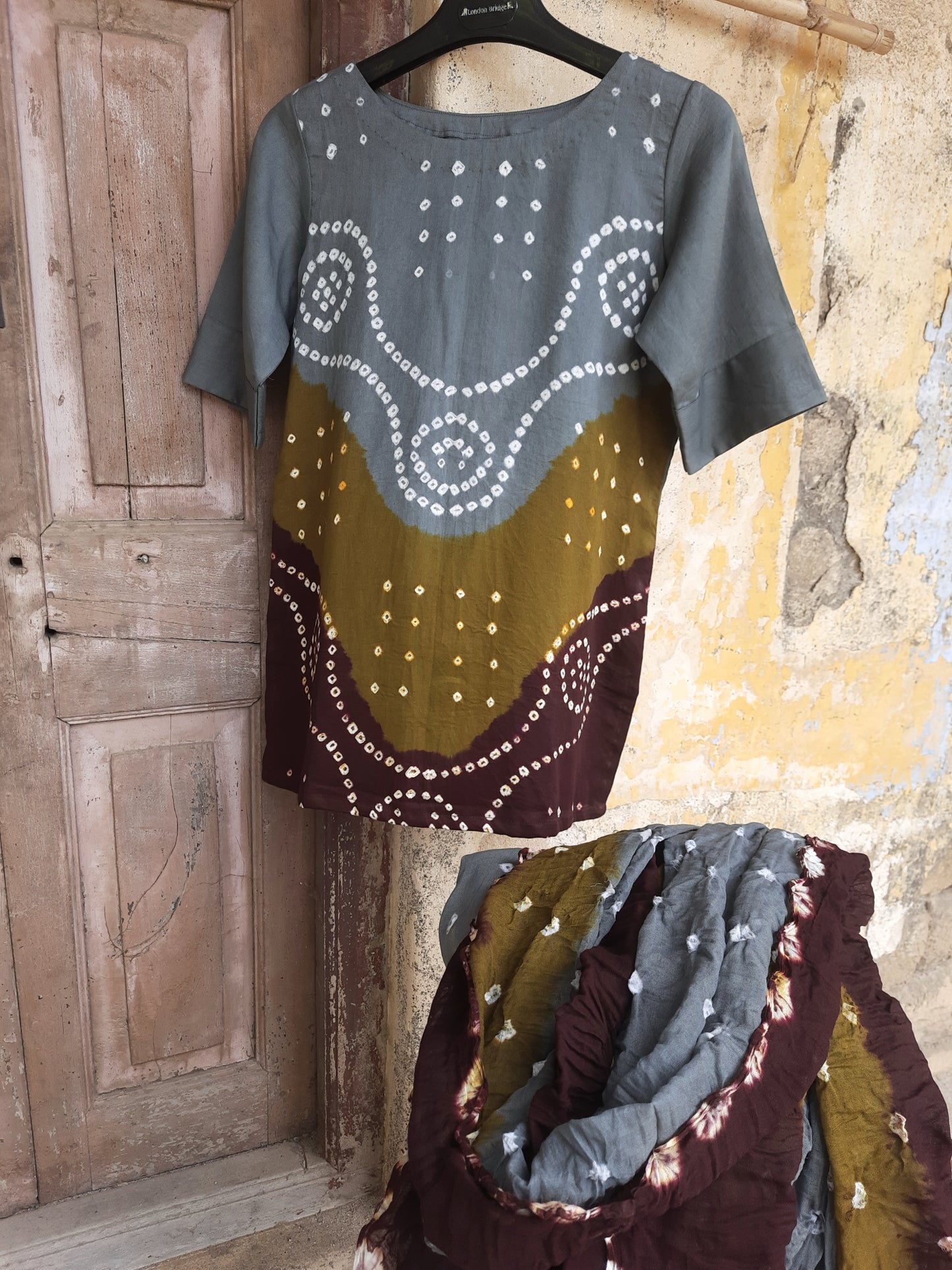 Hand tie-dyed Bandhani three-piece co-ord set in grey, olive and maroon with cotton satin top, elastic pants and cotton dupatta.