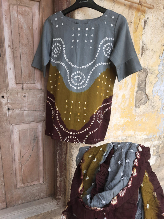 Hand tie-dyed Bandhani three-piece co-ord set in grey, olive and maroon with cotton satin top, elastic pants and cotton dupatta.