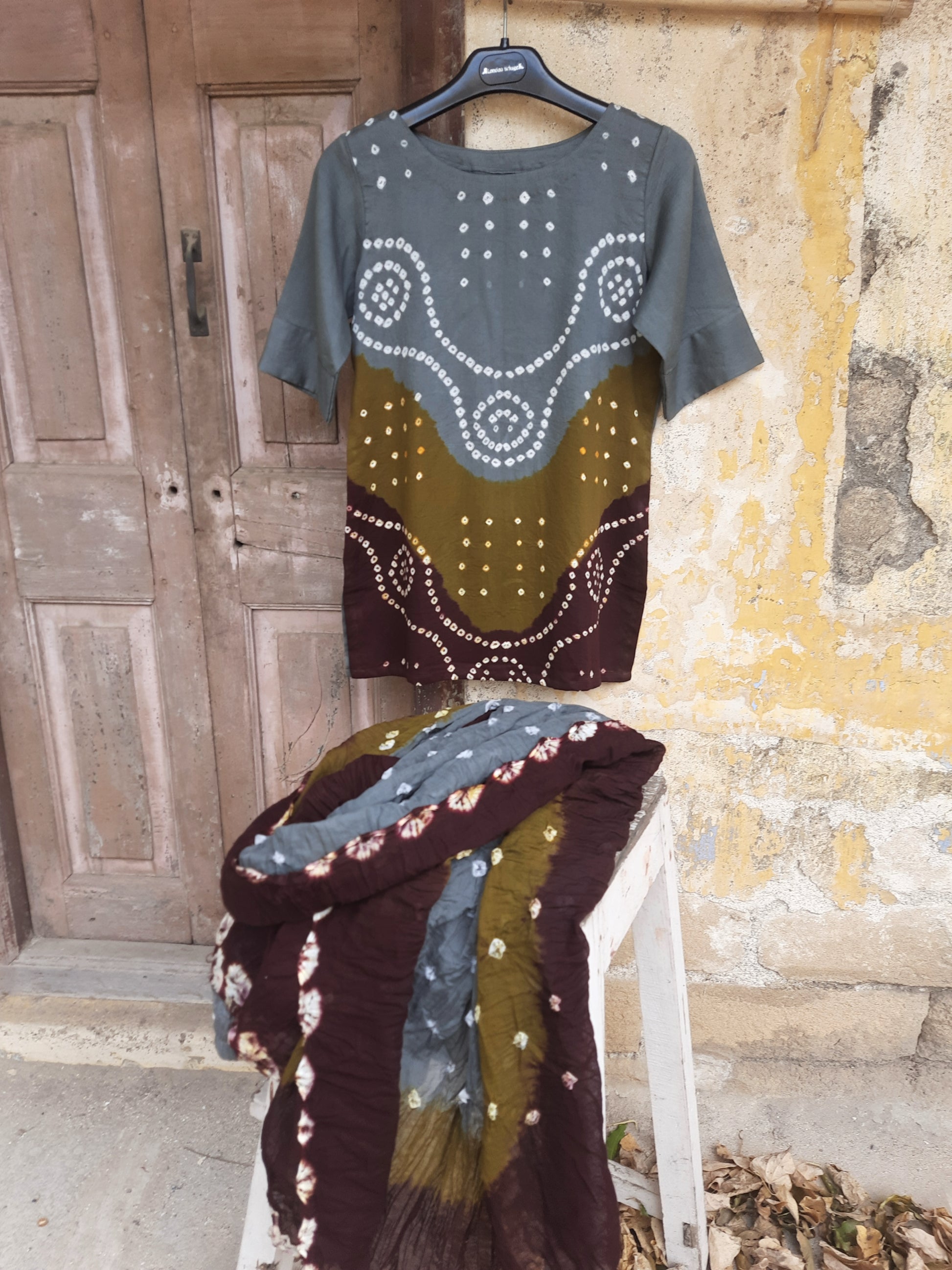 Hand tie-dyed Bandhani three-piece co-ord set in grey, olive and maroon with cotton satin top, elastic pants and cotton dupatta.