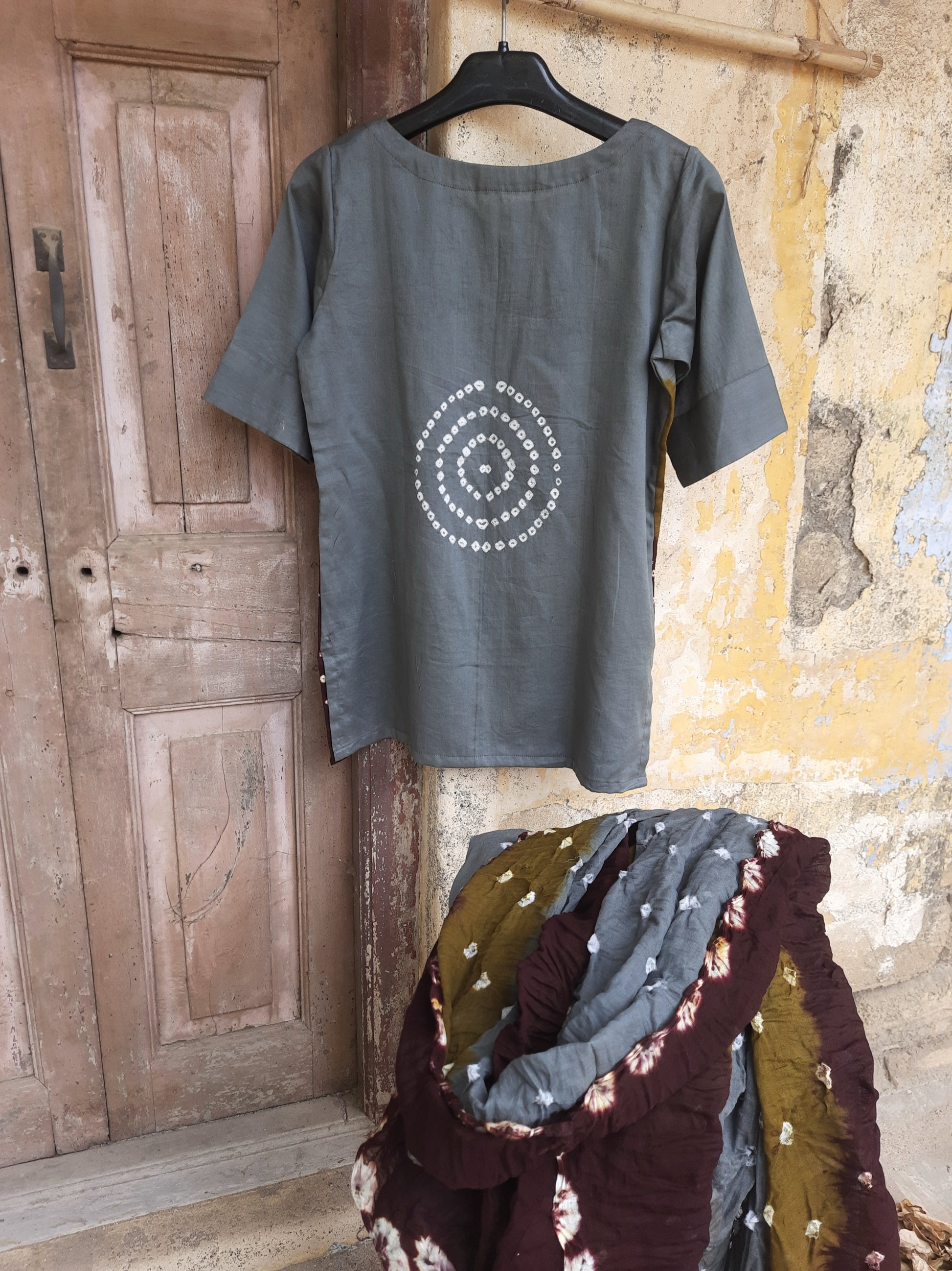 Hand tie-dyed Bandhani three-piece co-ord set in grey, olive and maroon with cotton satin top, elastic pants and cotton dupatta.