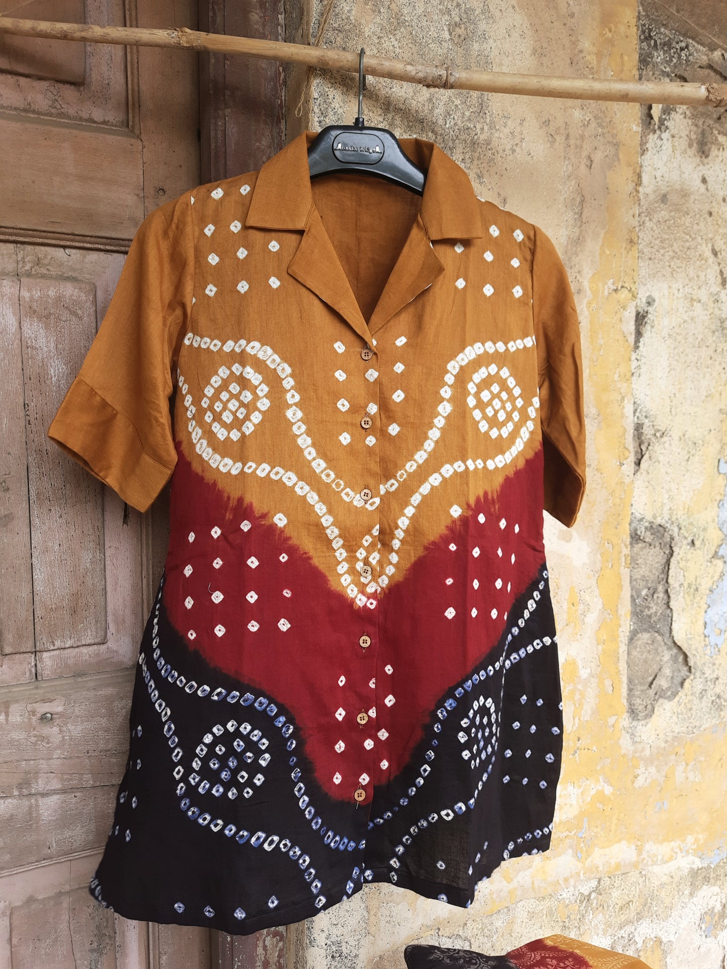 Hand tie dyed Bandhani three piece coord set with cotton satin shirt, jacquard cotton pants and dupatta, handcrafted Indian ethnic wear