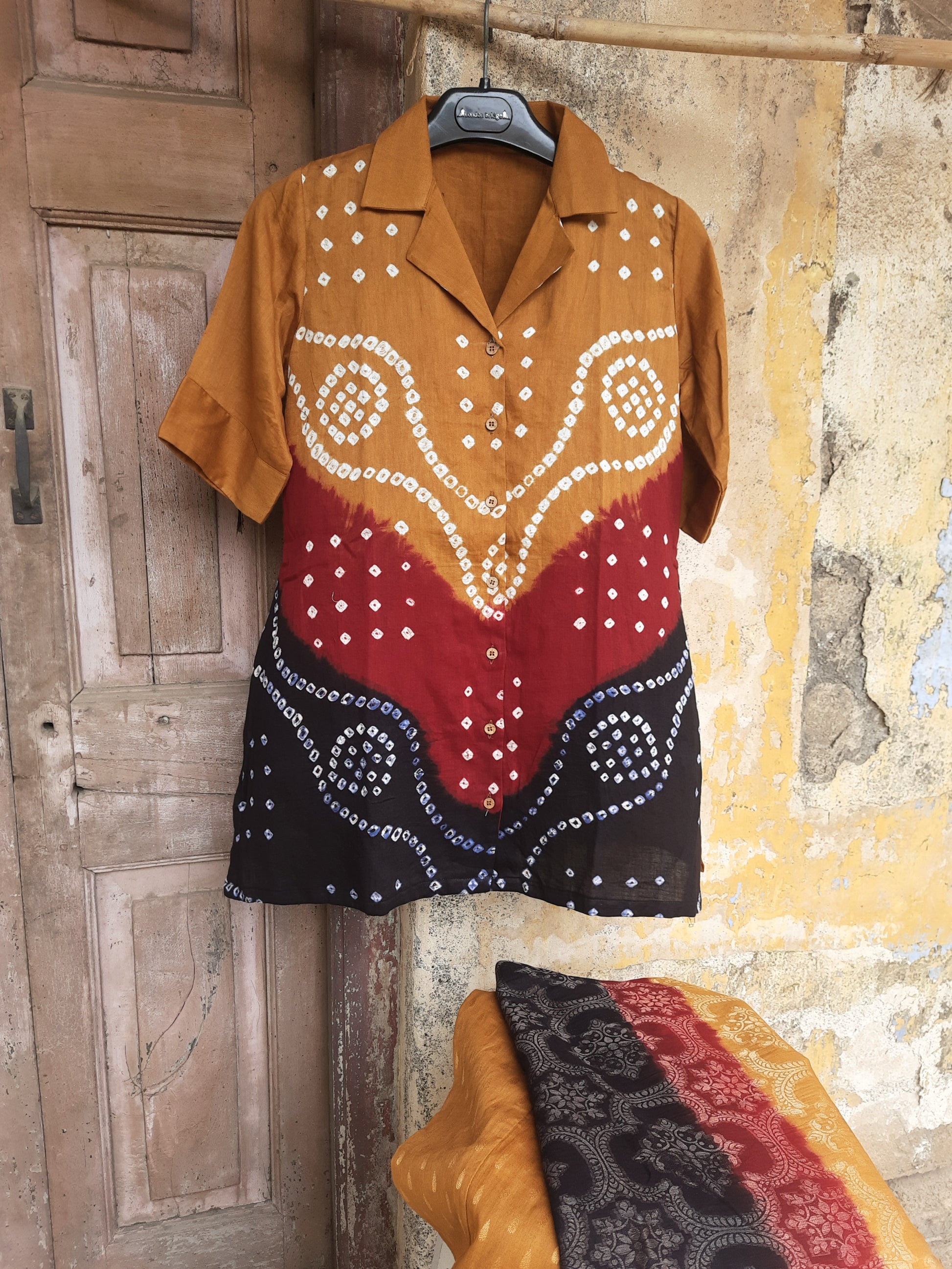 Hand tie dyed Bandhani three piece coord set with cotton satin shirt, jacquard cotton pants and dupatta, handcrafted Indian ethnic wear.