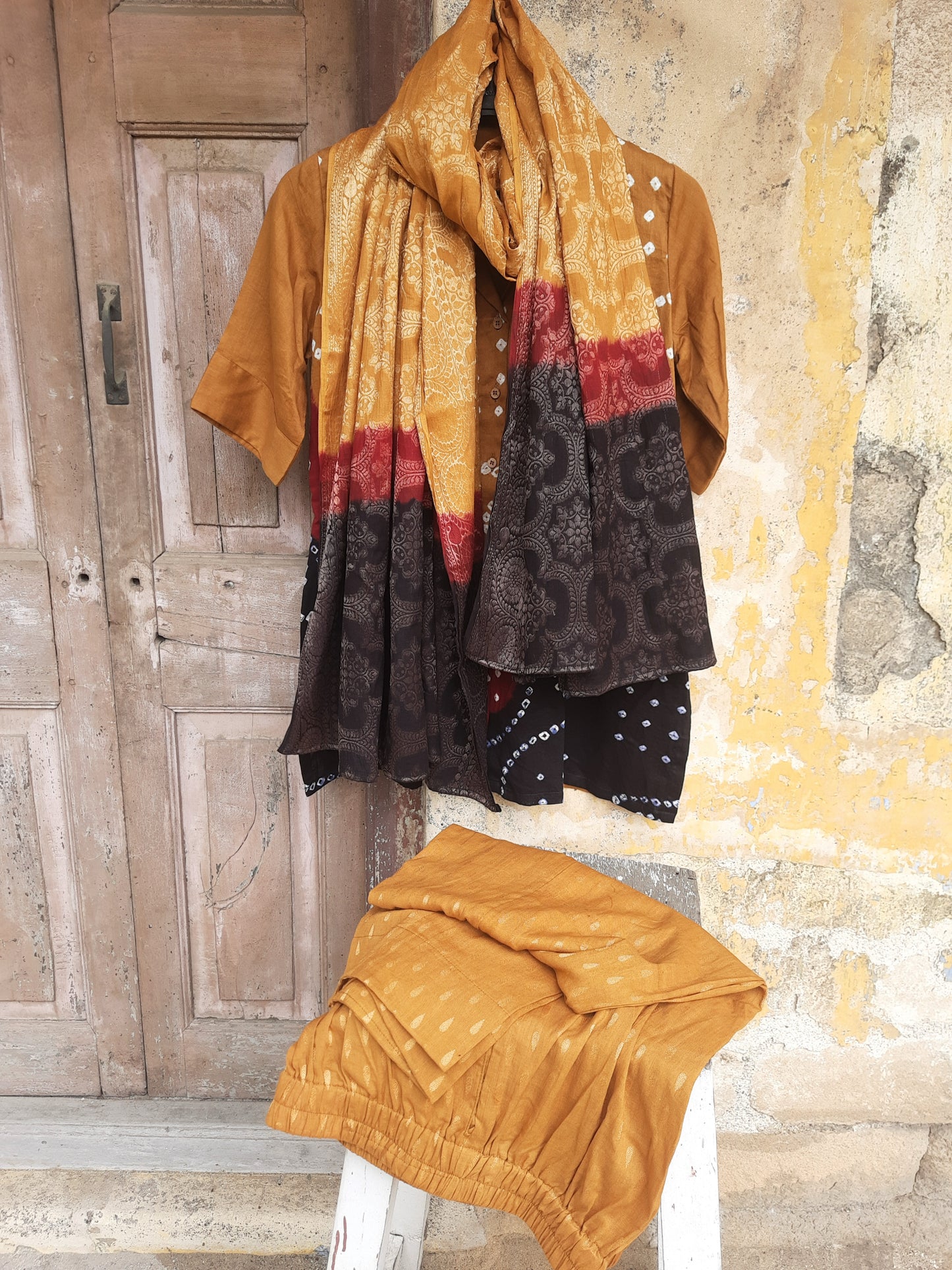 Hand tie dyed Bandhani three piece coord set with cotton satin shirt, jacquard cotton pants and dupatta, handcrafted Indian ethnic wear