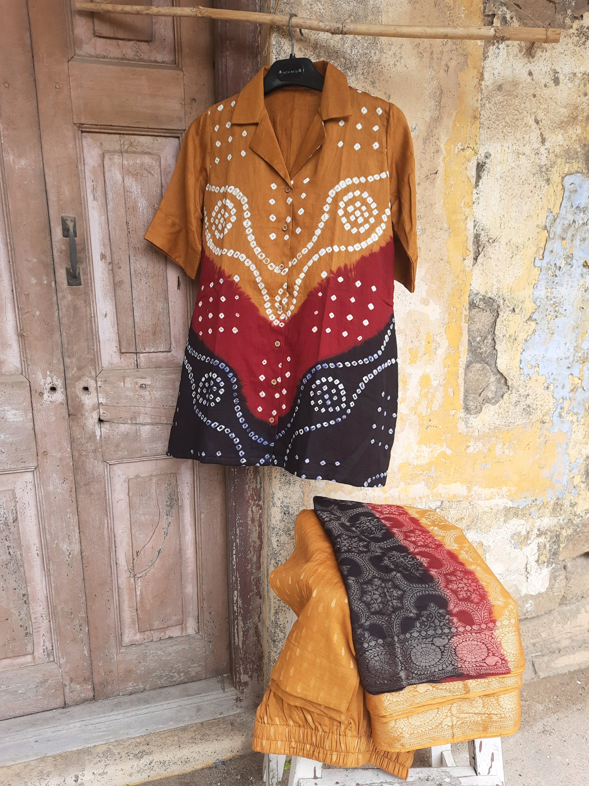 Hand tie dyed Bandhani three piece coord set with cotton satin shirt, jacquard cotton pants and dupatta, handcrafted Indian ethnic wear