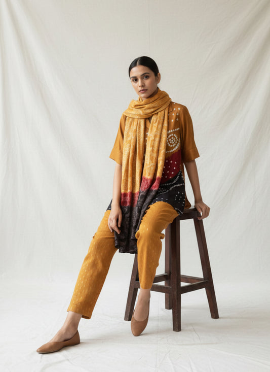 Hand tie dyed Bandhani three piece coord set with cotton satin shirt, jacquard cotton pants and dupatta, handcrafted Indian ethnic wear.