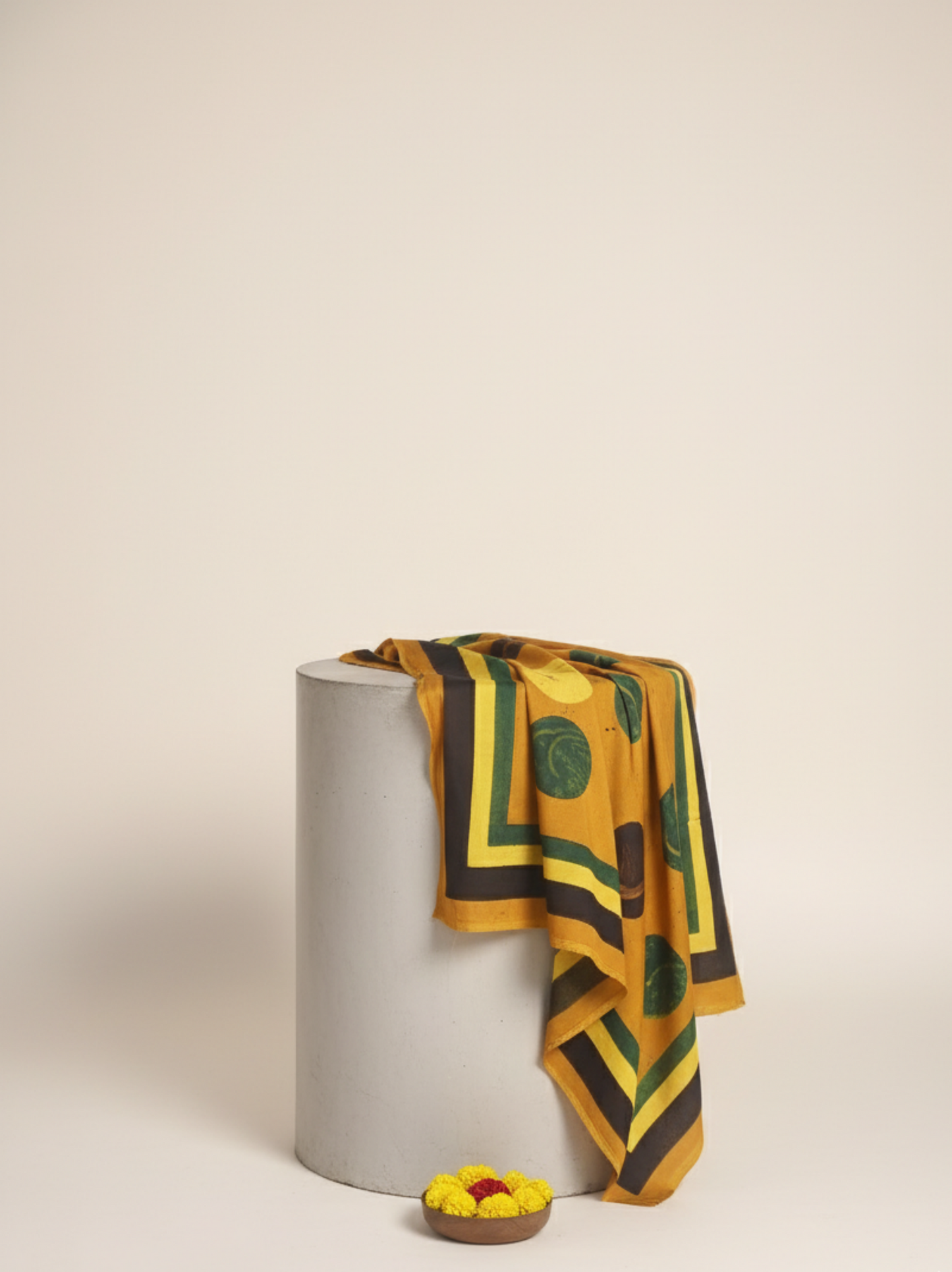 Handcrafted turmeric-yellow Ajrakh modal silk stole with cosmic moon block-printed motifs, naturally dyed with pure turmeric. Soft, elegant drape with artisanal detailing, perfect for sustainable handmade styling.