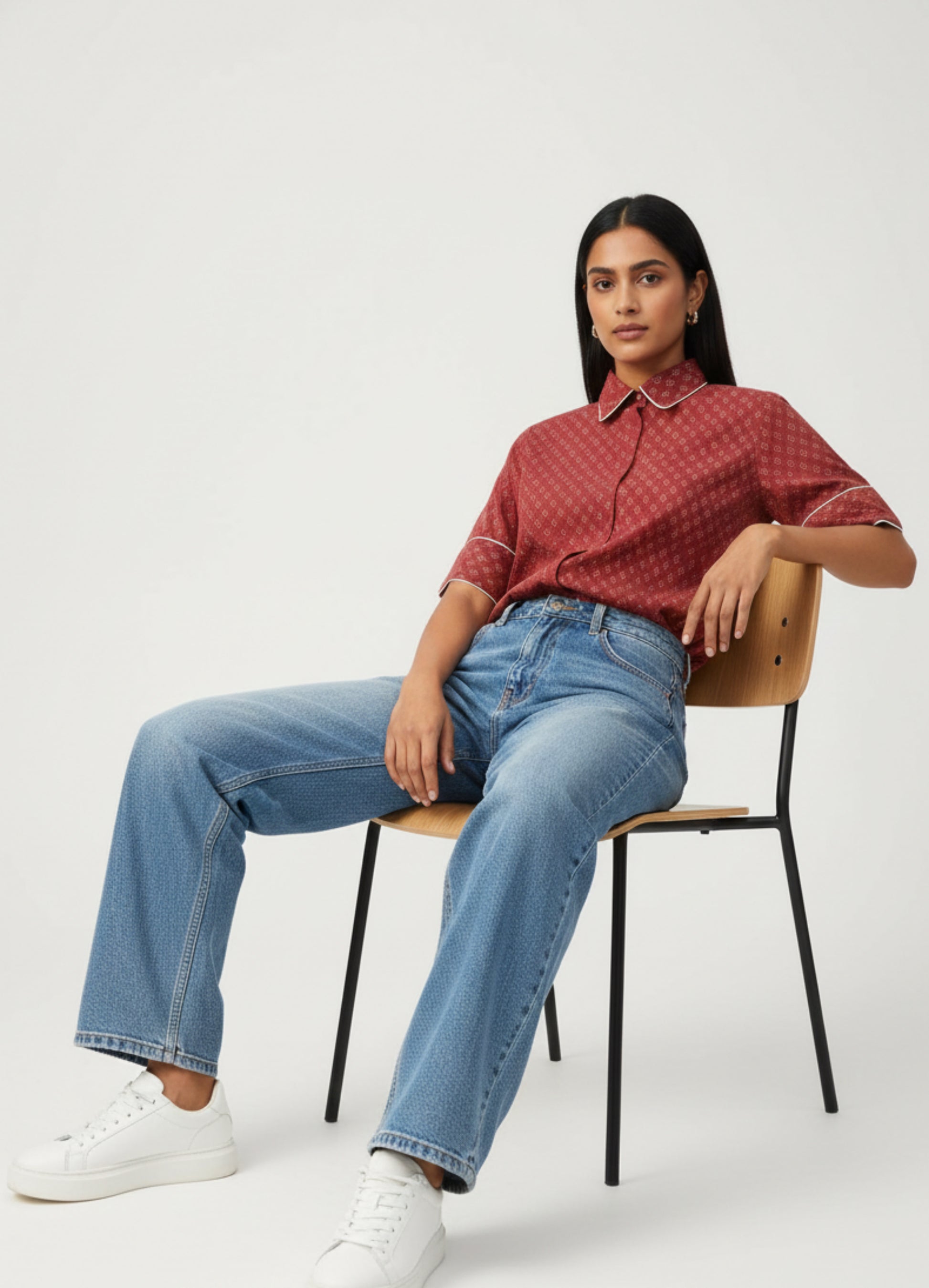 Madder dyed Ajrakh hand block printed cotton shirt for women in deep red tone, crafted in breathable pure cotton with a collared neck and contrast piping, naturally dyed and handmade for everyday comfort.