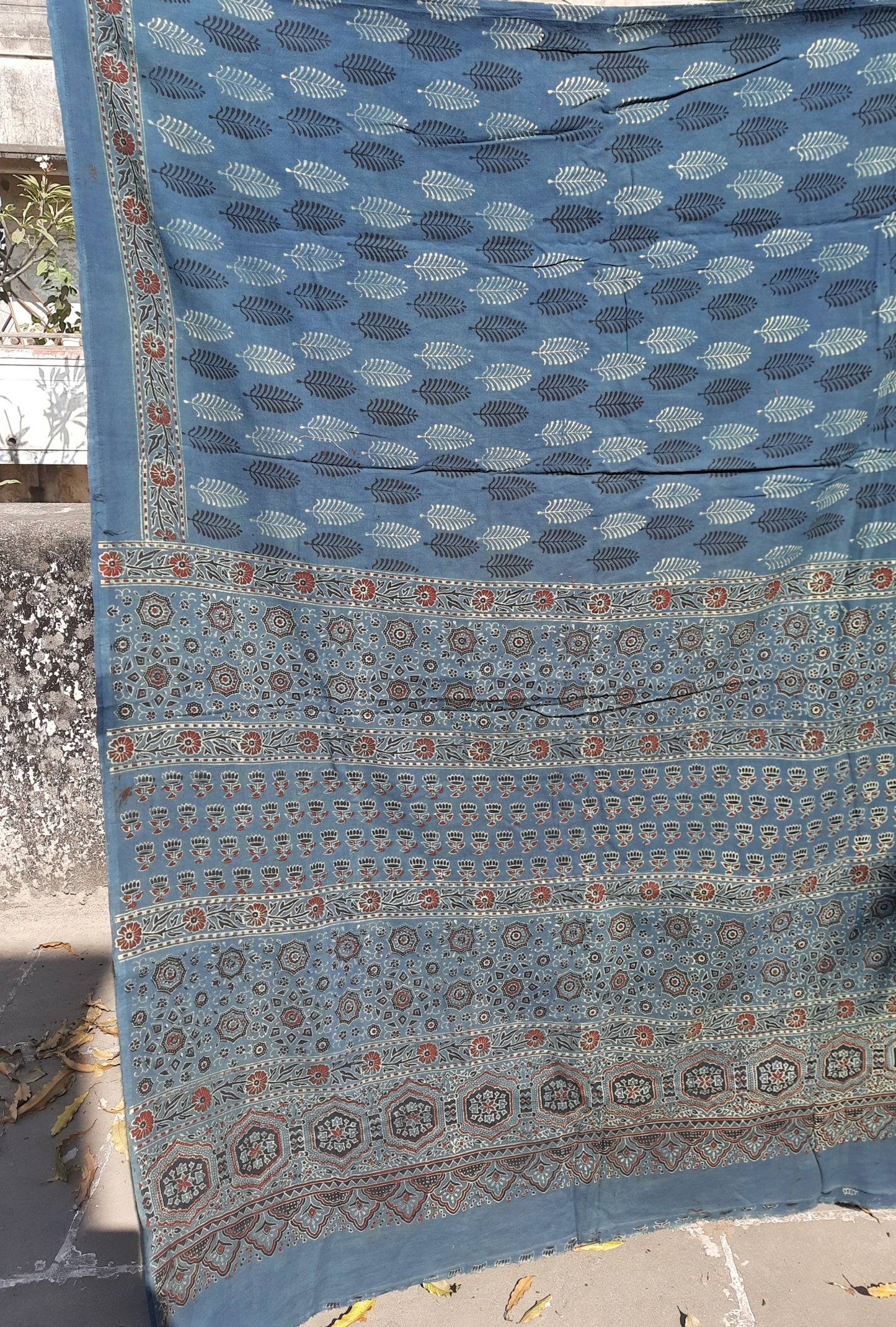 Naturally Dyed Green Cotton Ajrakh Hand Block Print Saree