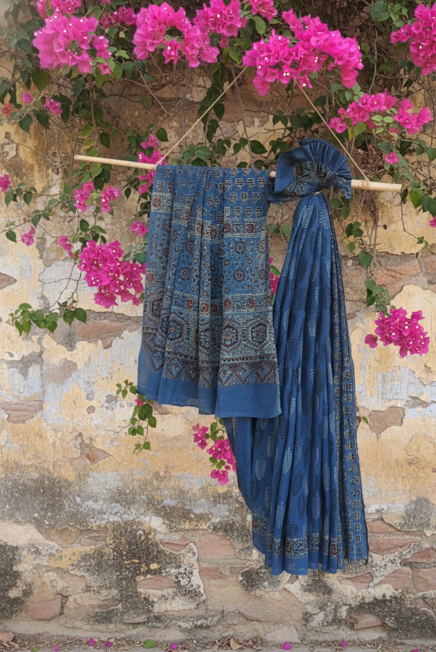 Naturally dyed green cotton Ajrakh hand block print saree with all-over traditional motifs, detailed Ajrakh borders, and a richly patterned pallu, handcrafted in India using age-old techniques.