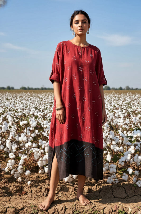 Woman wearing hand spun handwoven organic cotton Bandhani kurta dyed in madder red and black with relaxed silhouette in a cotton field