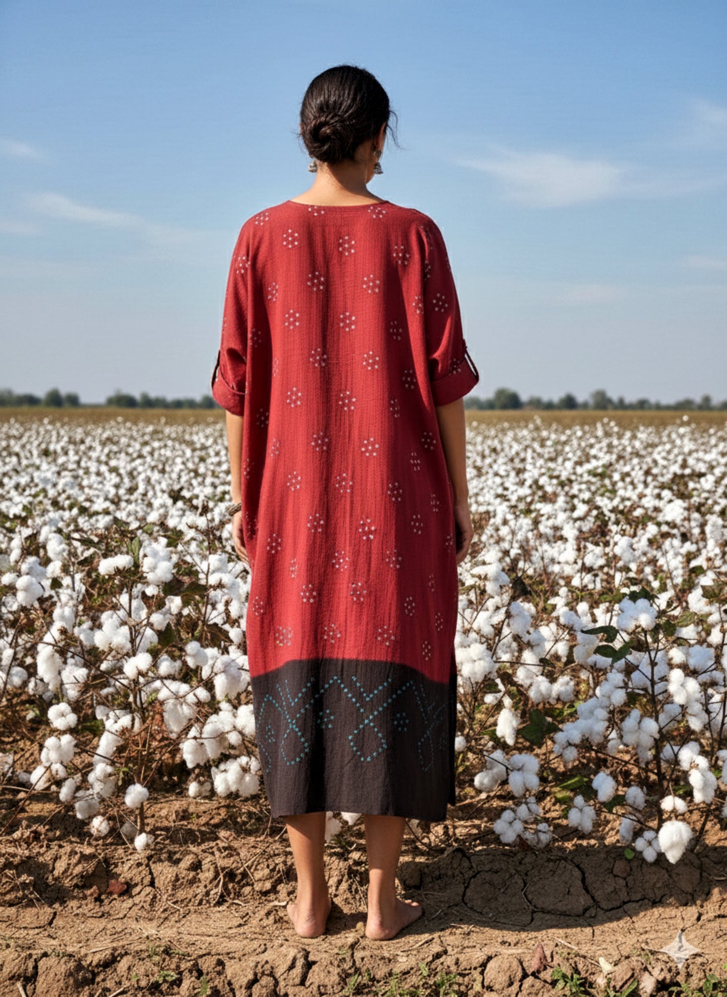 Woman wearing hand spun handwoven organic cotton Bandhani kurta dyed in madder red and black with relaxed silhouette in a cotton field