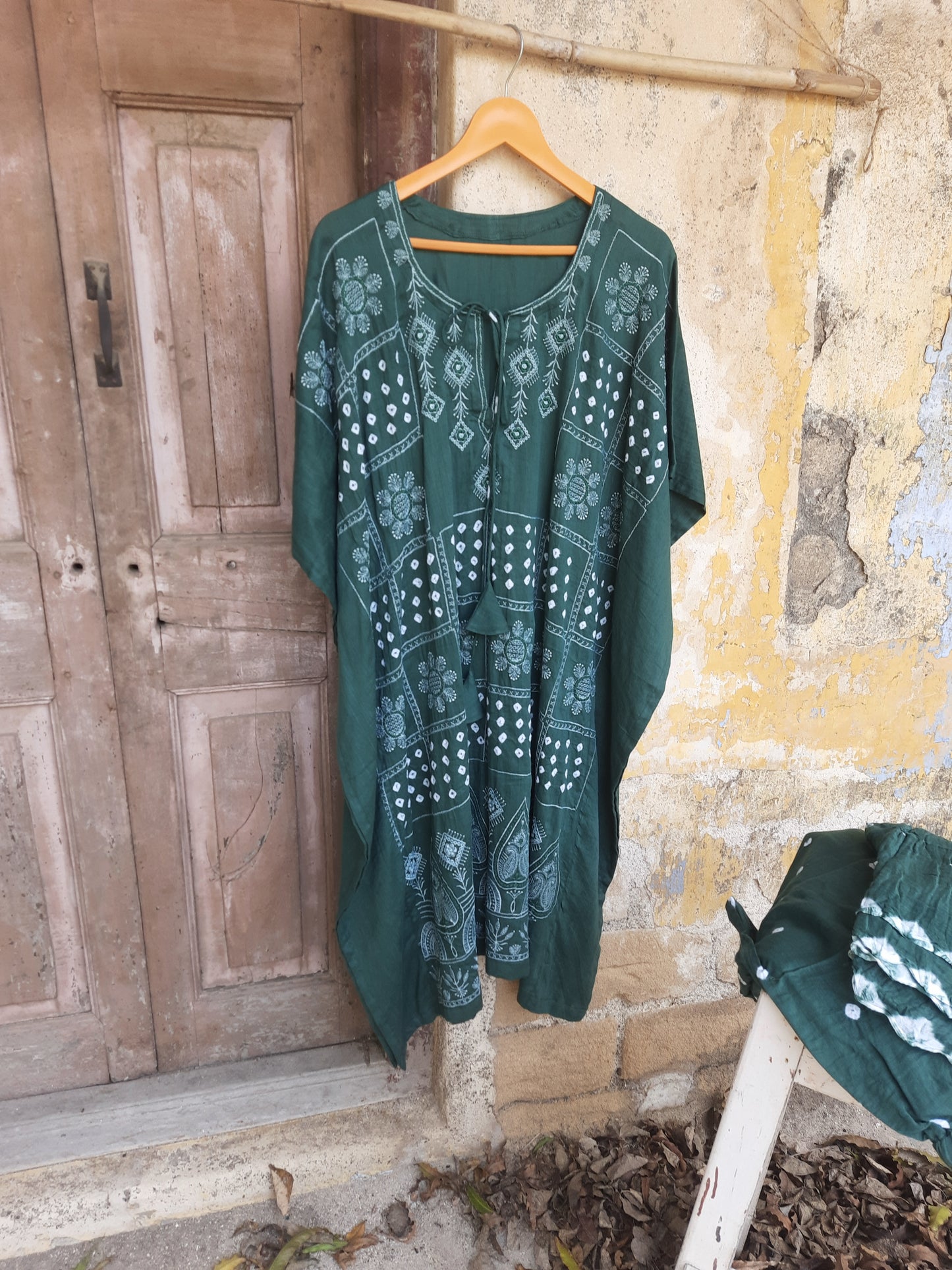 Sage Green Bandhani embroidered kaftan pants dupatta set in cotton satin, slow-made and festive, by Turquoisethestore.