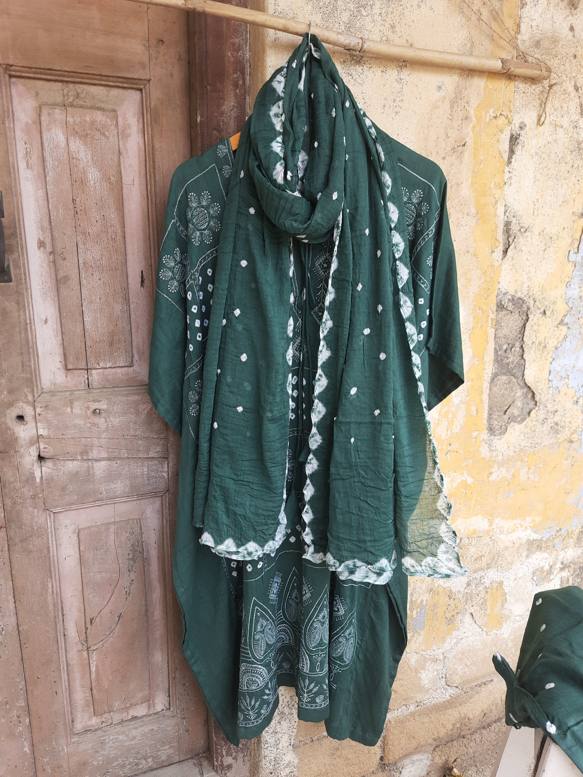Sage Green Bandhani embroidered kaftan pants dupatta set in cotton satin, slow-made and festive, by Turquoisethestore.