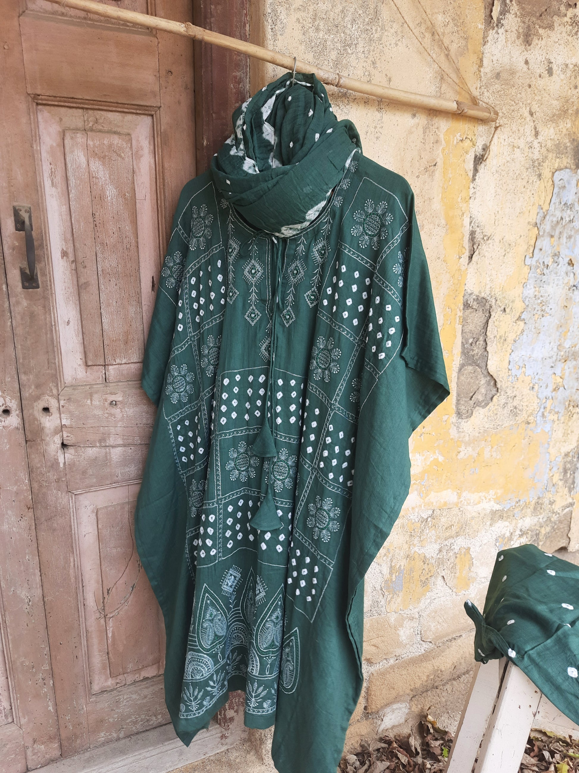 Sage Green Bandhani embroidered kaftan pants dupatta set in cotton satin, slow-made and festive, by Turquoisethestore.