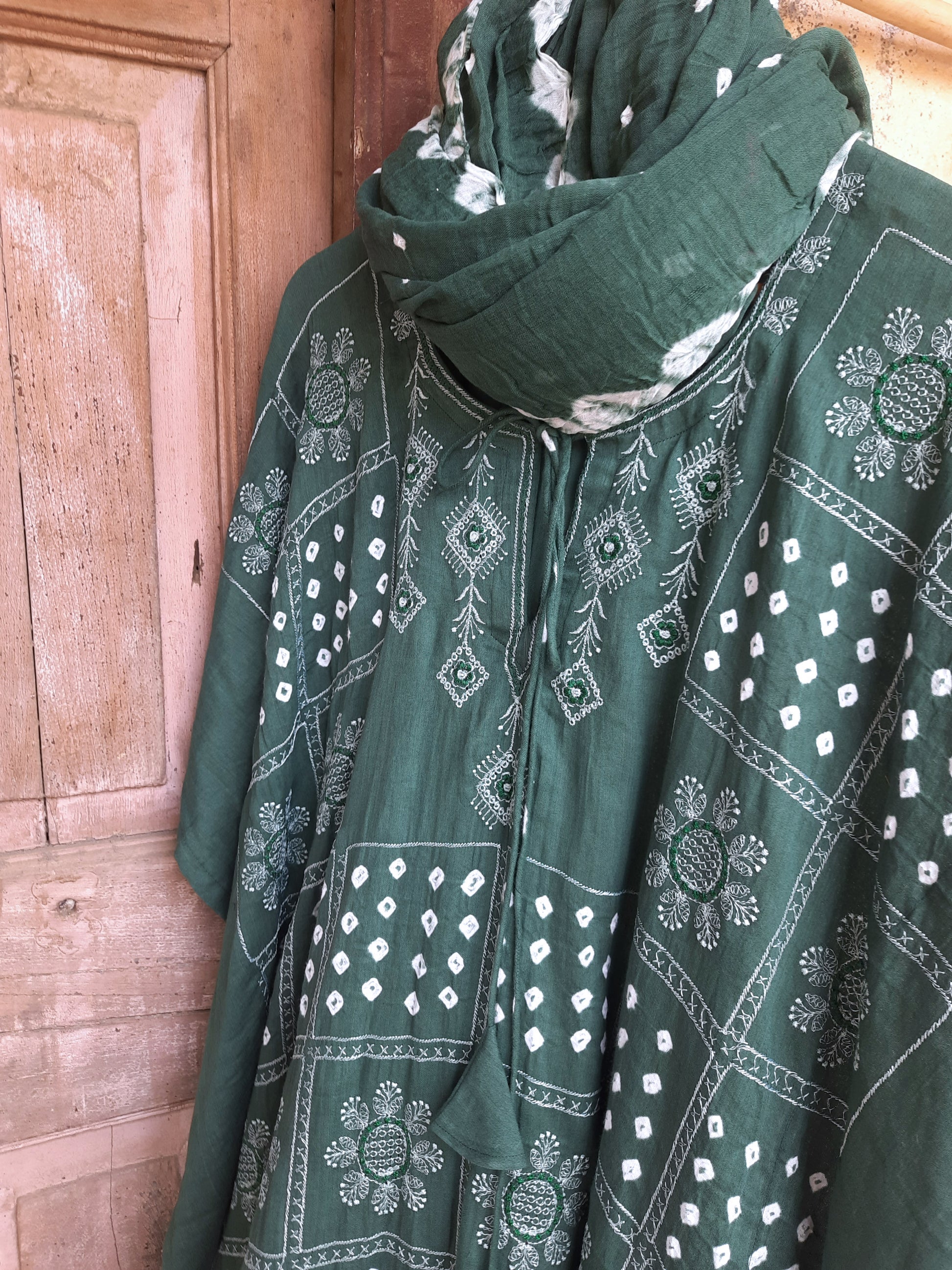 Sage Green Bandhani embroidered kaftan pants dupatta set in cotton satin, slow-made and festive, by Turquoisethestore.
