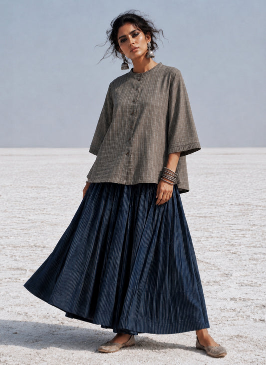 Stone grey hand spun handwoven cotton checks shirt with pleated neckline, pleated sleeve hems and relaxed fit