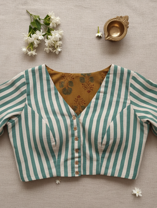 Handcrafted green and off-white striped blouse in handspun and handwoven organic cotton, featuring a V-neck front, round closed neck behind, front button closure, and Ajrakh cotton lining. Slow made, breathable, and consciously crafted by Turquoisethestore.