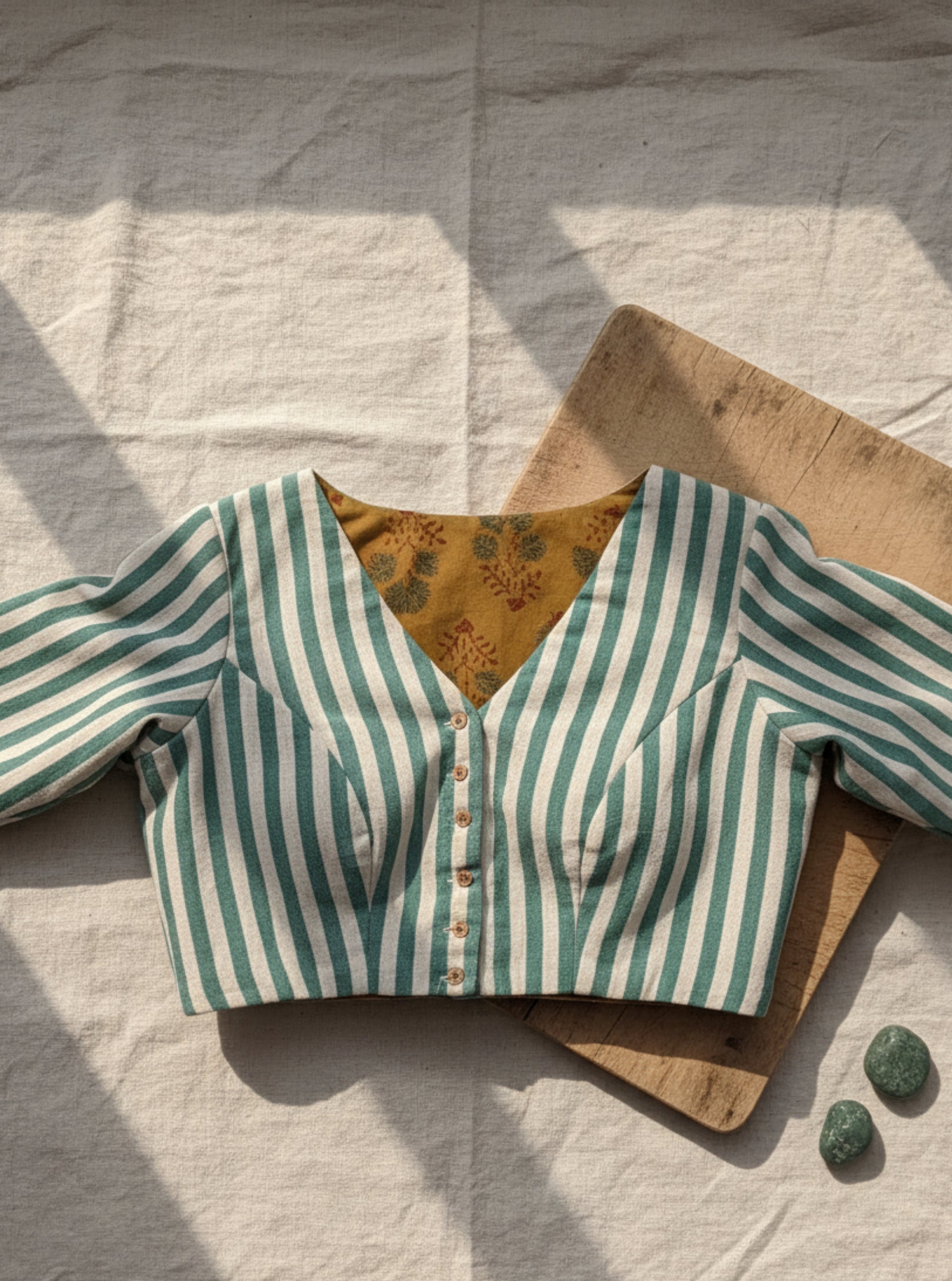 Handcrafted green and off-white striped blouse in handspun and handwoven organic cotton, featuring a V-neck front, round closed neck behind, front button closure, and Ajrakh cotton lining. Slow made, breathable, and consciously crafted by Turquoisethestore.