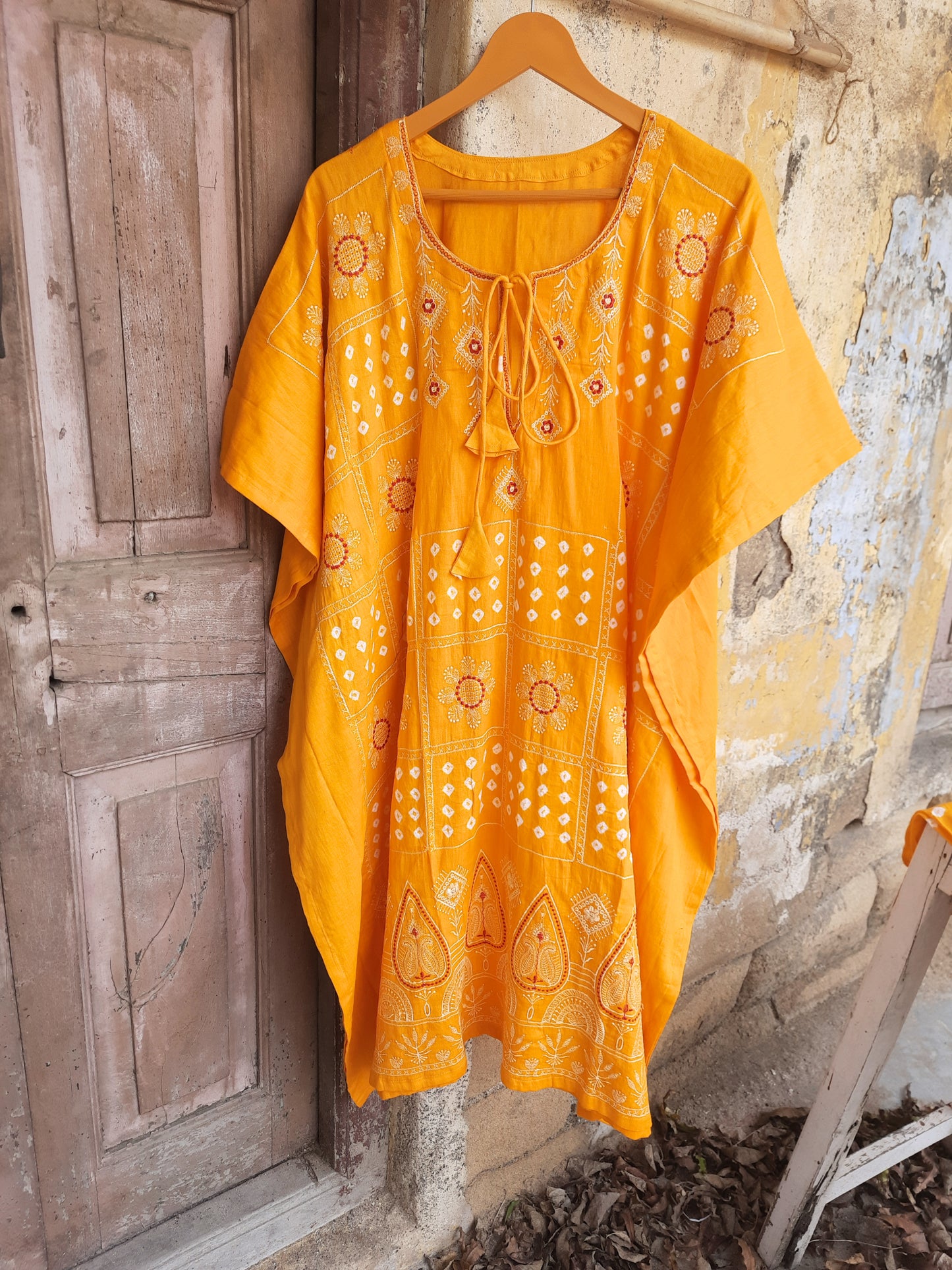 Yellow Bandhani embroidered kaftan pants dupatta set in cotton satin, festive and handmade, by Turquoisethestore.