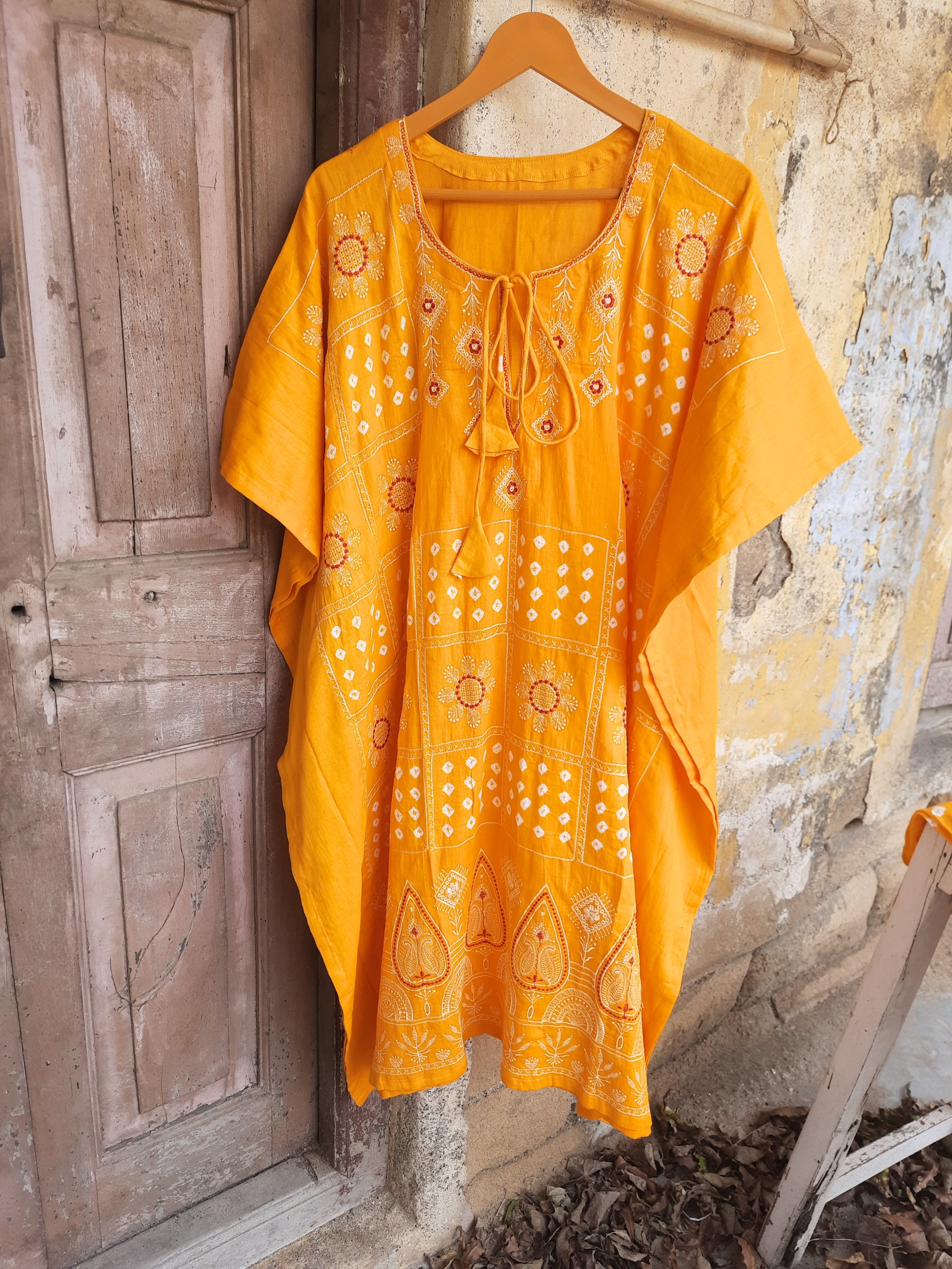 Yellow Bandhani embroidered kaftan pants dupatta set in cotton satin, festive and handmade, by Turquoisethestore.
