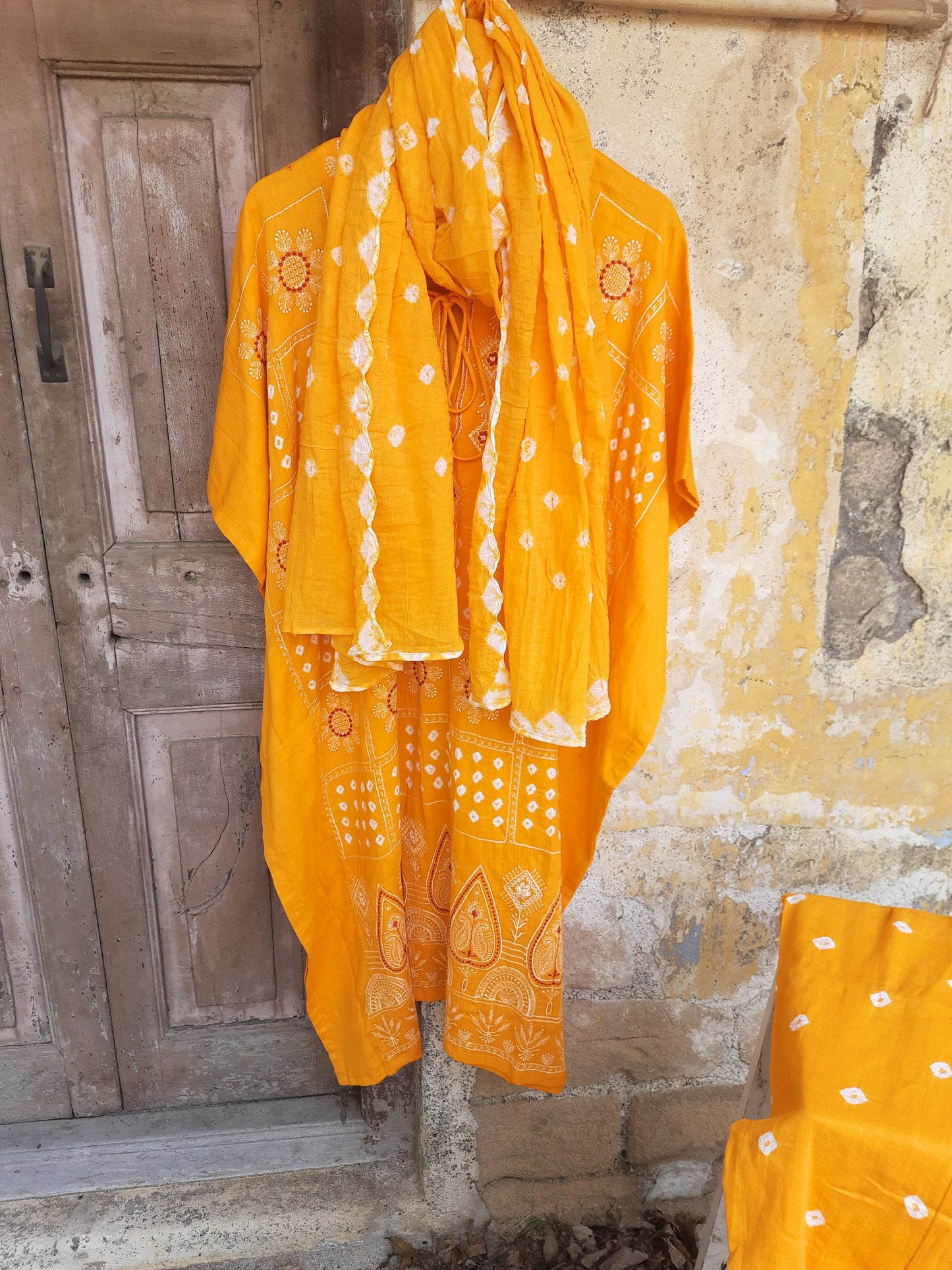 Yellow Bandhani embroidered kaftan pants dupatta set in cotton satin, festive and handmade, by Turquoisethestore.