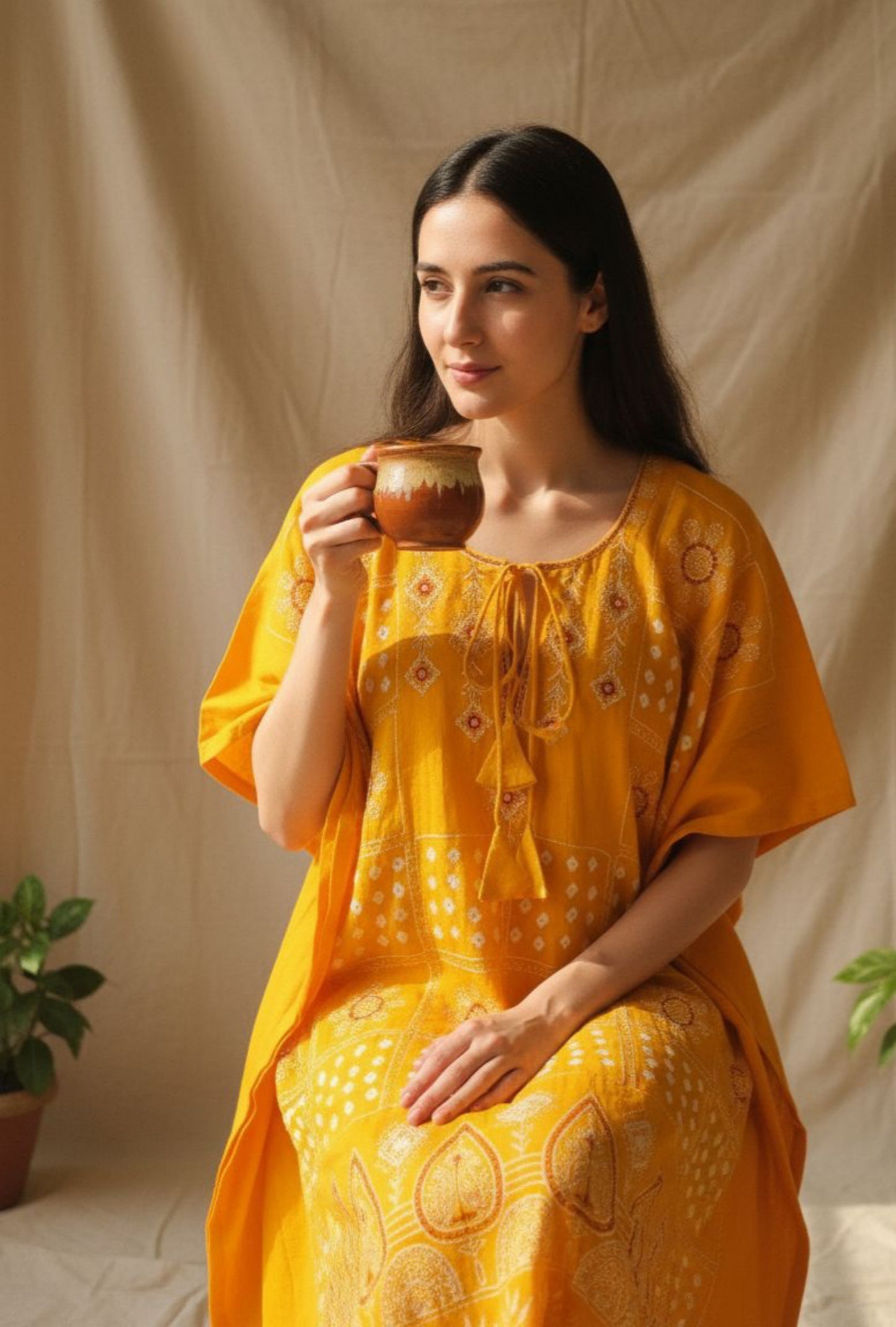 Yellow Bandhani embroidered kaftan pants dupatta set in cotton satin, festive and handmade, by Turquoisethestore.