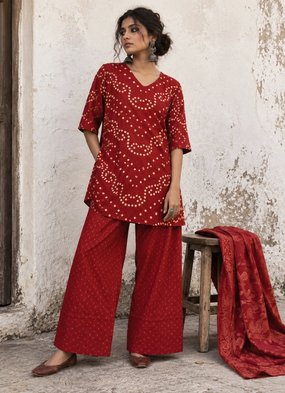 Aalta deep wine-red Bandhani shirt with ivory motifs, woven Farshi pants and patterned dupatta