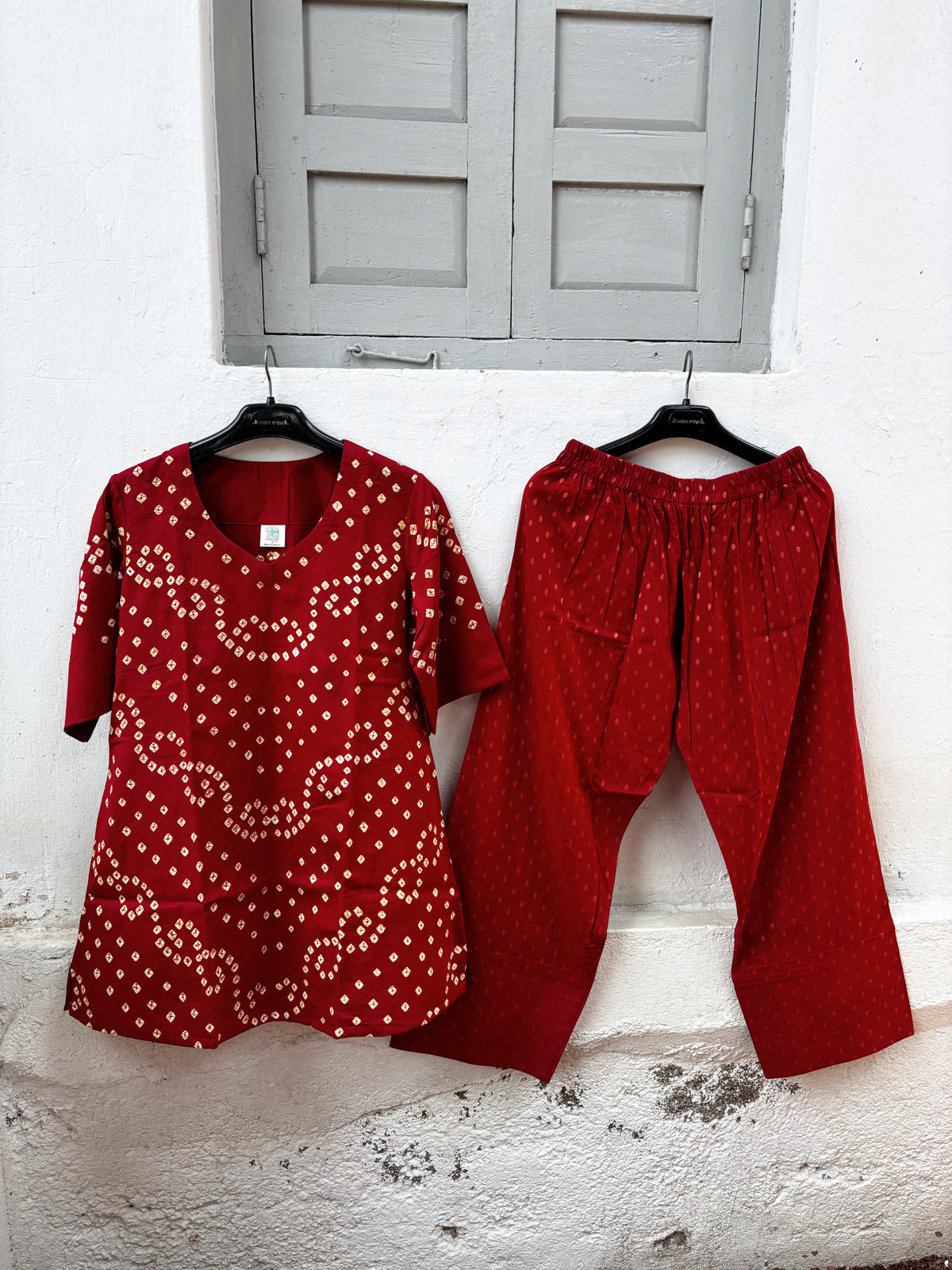 Aalta deep wine-red Bandhani shirt with ivory motifs, woven Farshi pants and patterned dupatta