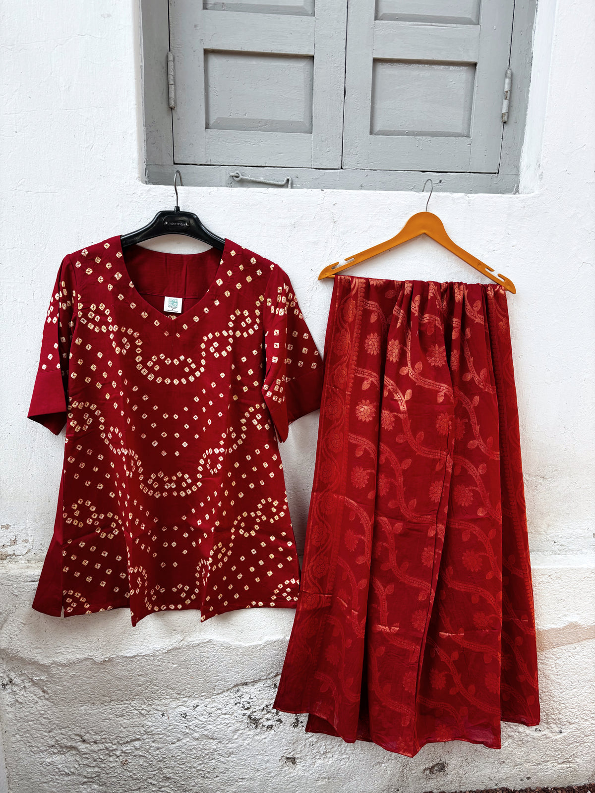 Aalta deep wine-red Bandhani shirt with ivory motifs, woven Farshi pants and patterned dupatta