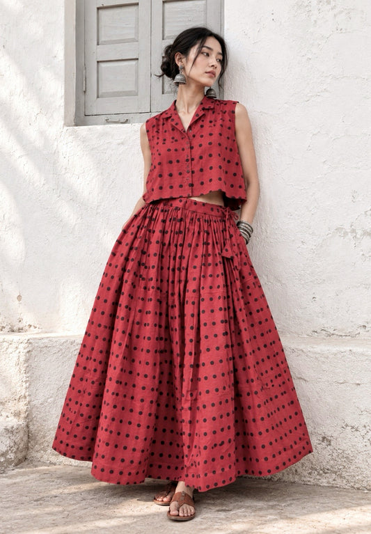 Aaruni madder dyed Ajrakh polka dot cotton coord set with cropped sleeveless shirt and flared skirt