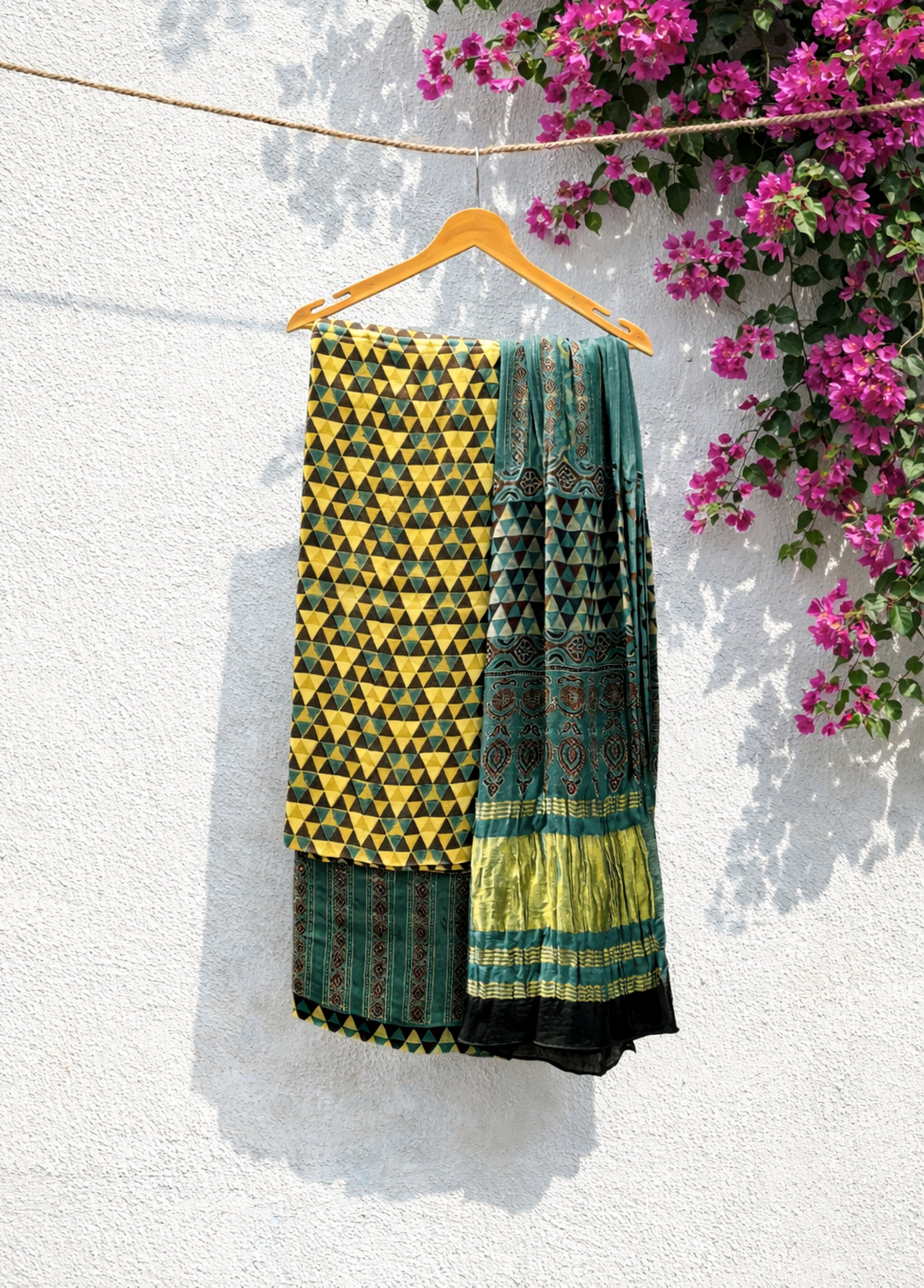 Ajrakh modal silk unstitched suit set teal mustard natural dyed hand block printed dress material India