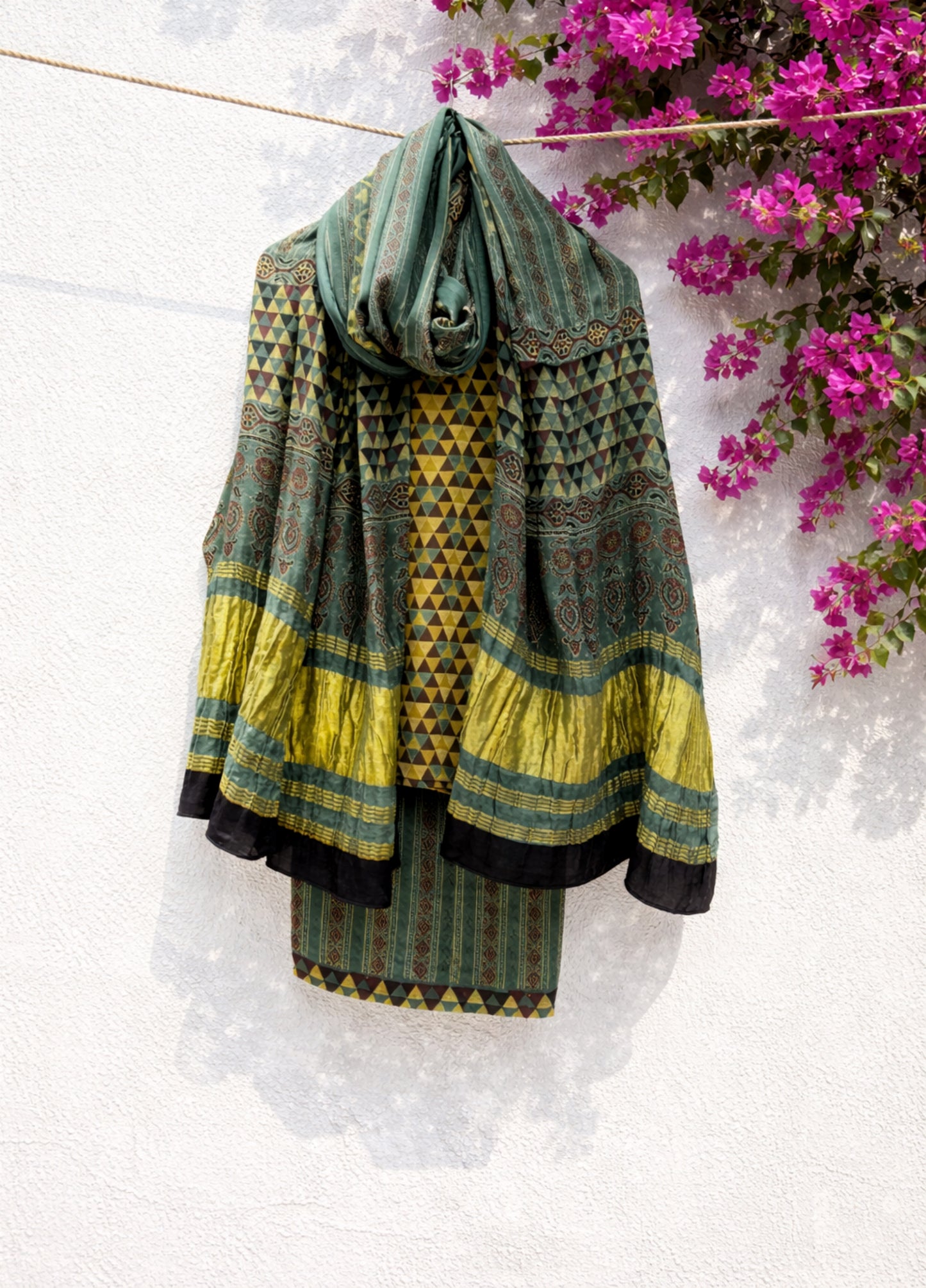 Ajrakh modal silk unstitched suit set teal mustard natural dyed hand block printed dress material India