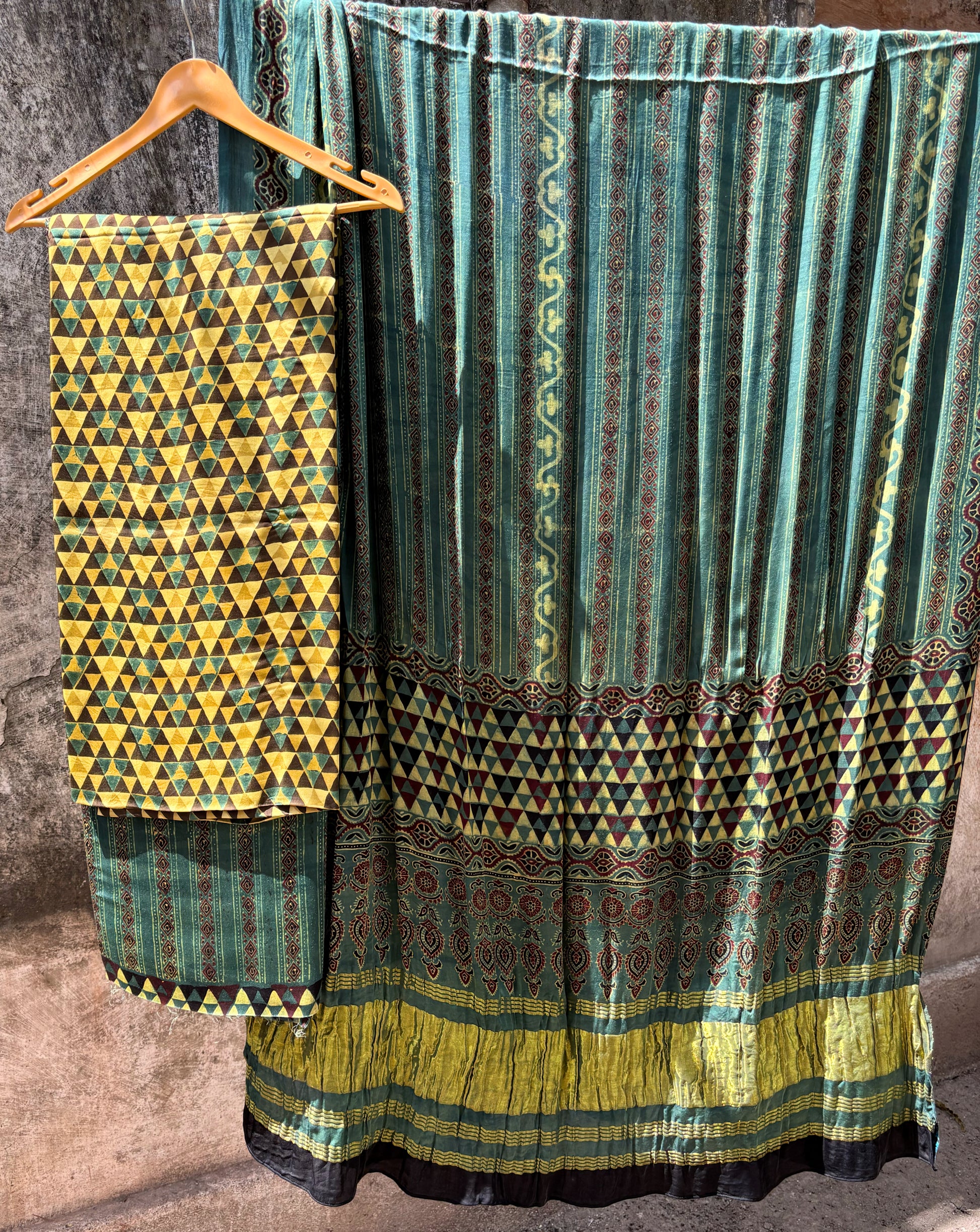Ajrakh modal silk unstitched suit set teal mustard natural dyed hand block printed dress material India