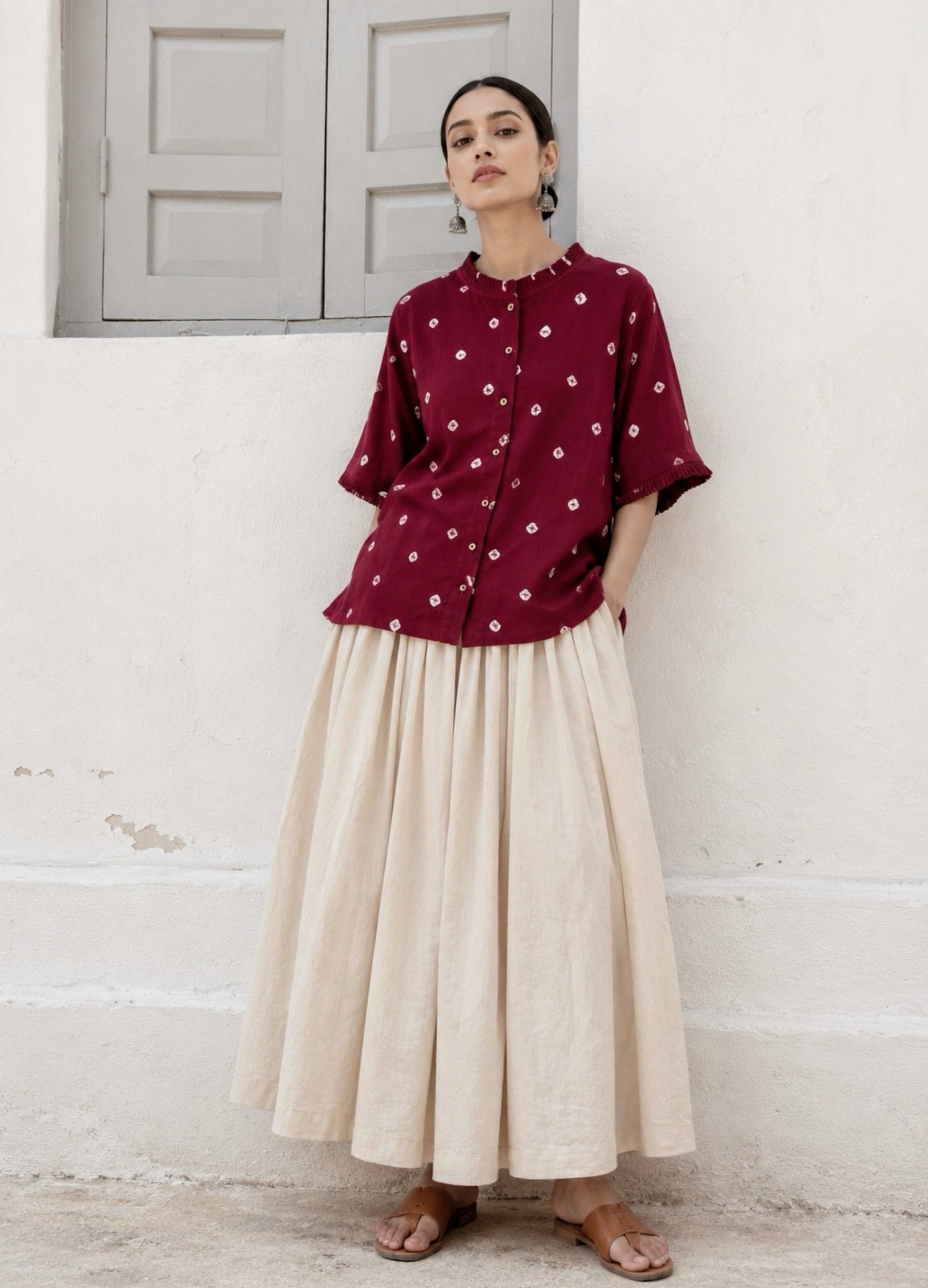 Angoor Boond wine maroon Bandhani cotton satin relaxed fit shirt with pleated neckline for women