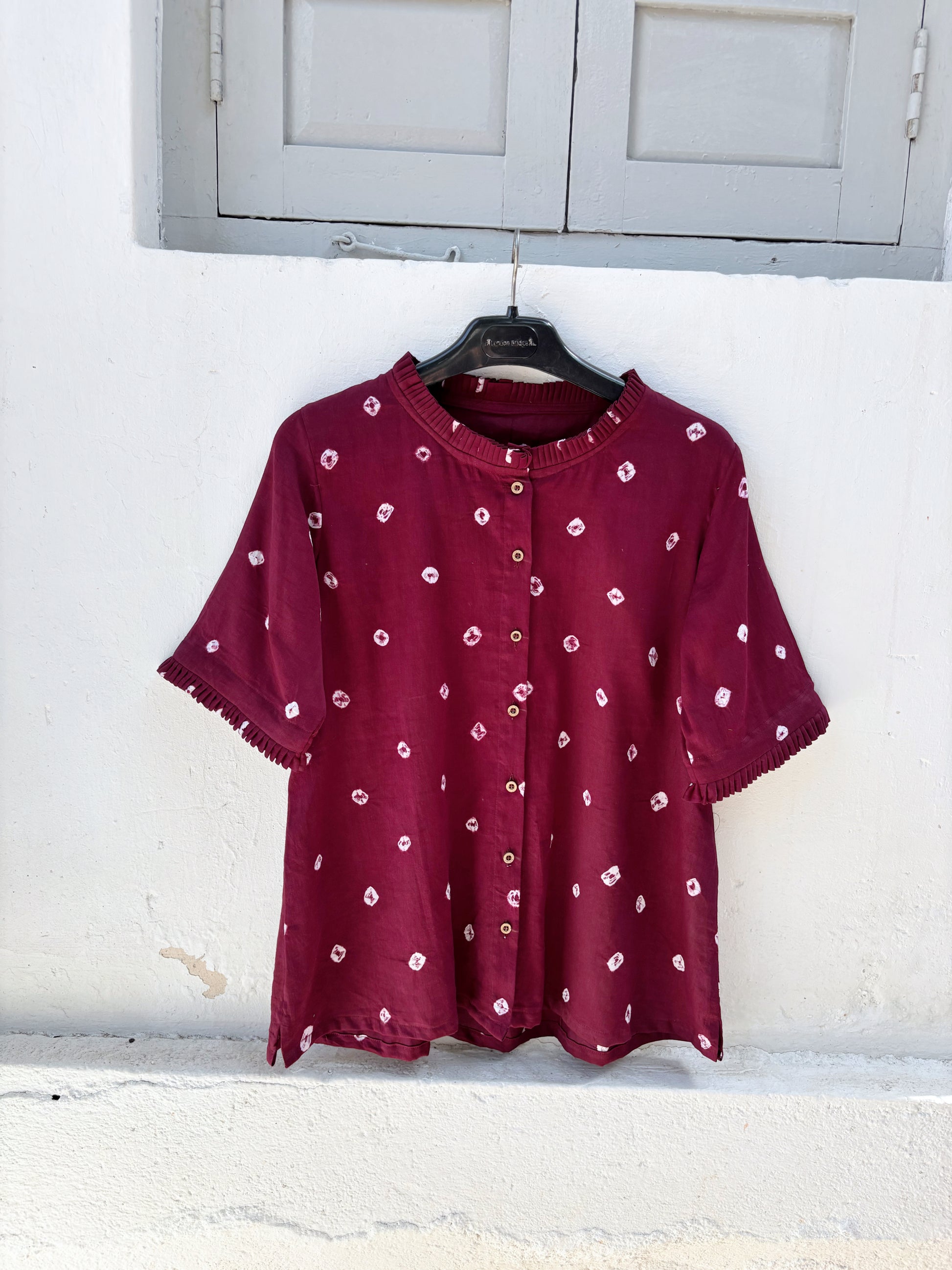 Angoor Boond wine maroon Bandhani cotton satin relaxed fit shirt with pleated neckline for women