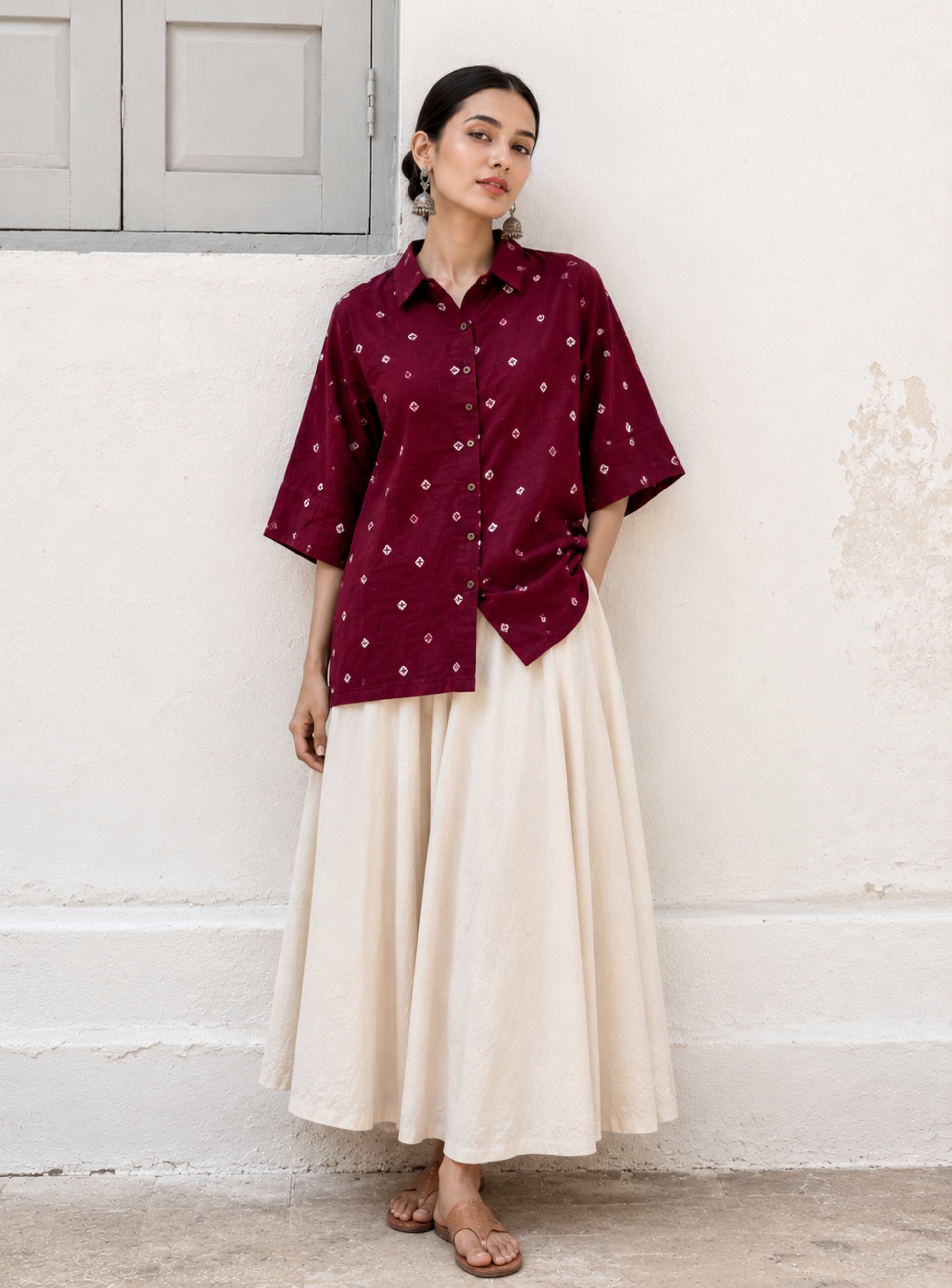 Angoor Dani wine maroon Bandhani cotton satin relaxed fit collared shirt for women