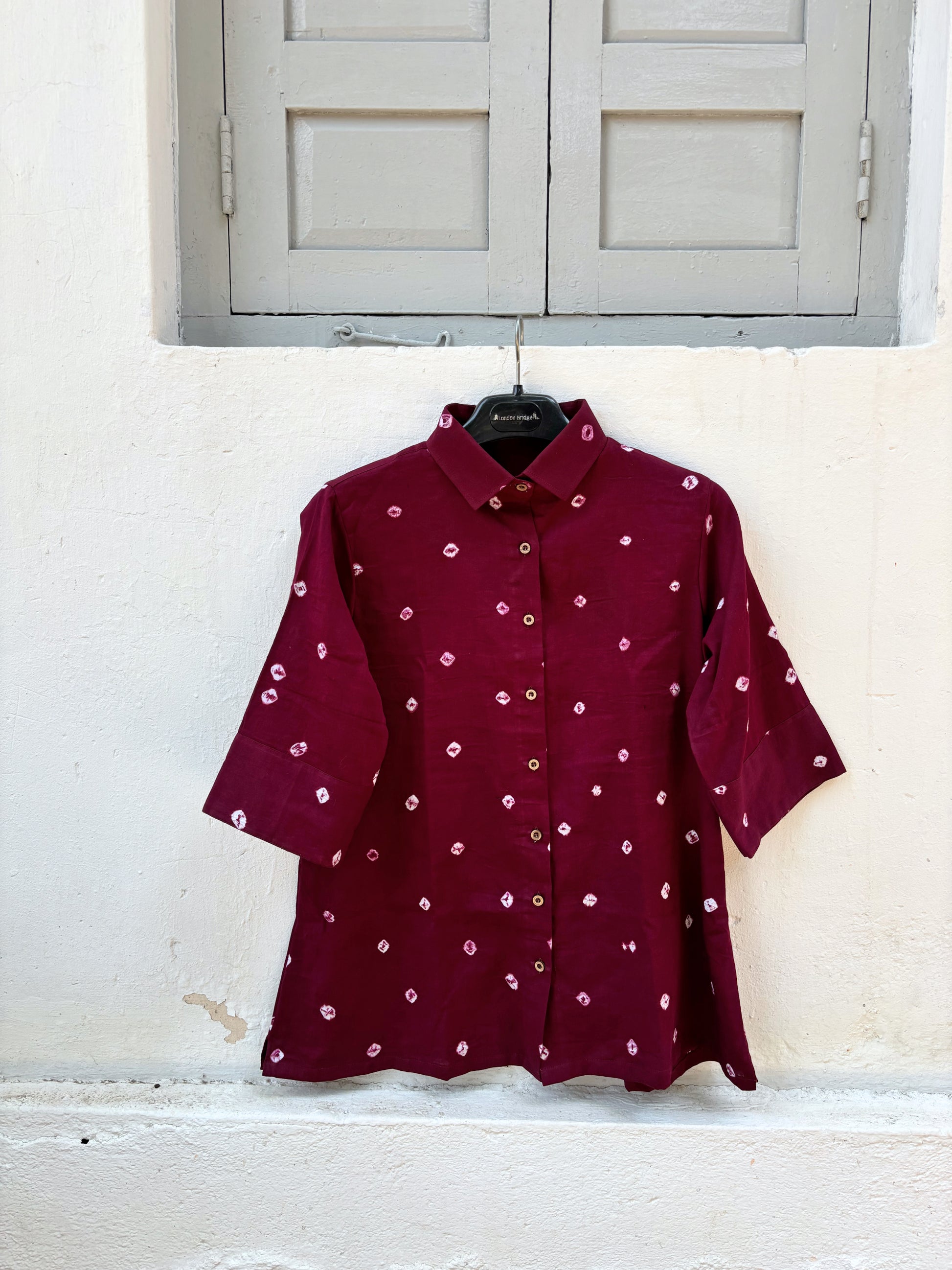 Angoor Dani wine maroon Bandhani cotton satin relaxed fit collared shirt for women