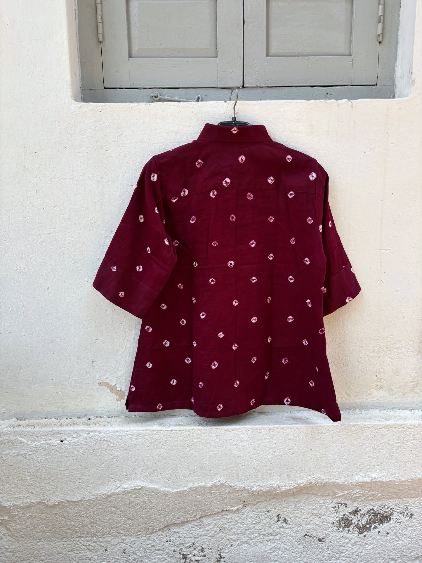 Angoor Dani wine maroon Bandhani cotton satin relaxed fit collared shirt for women