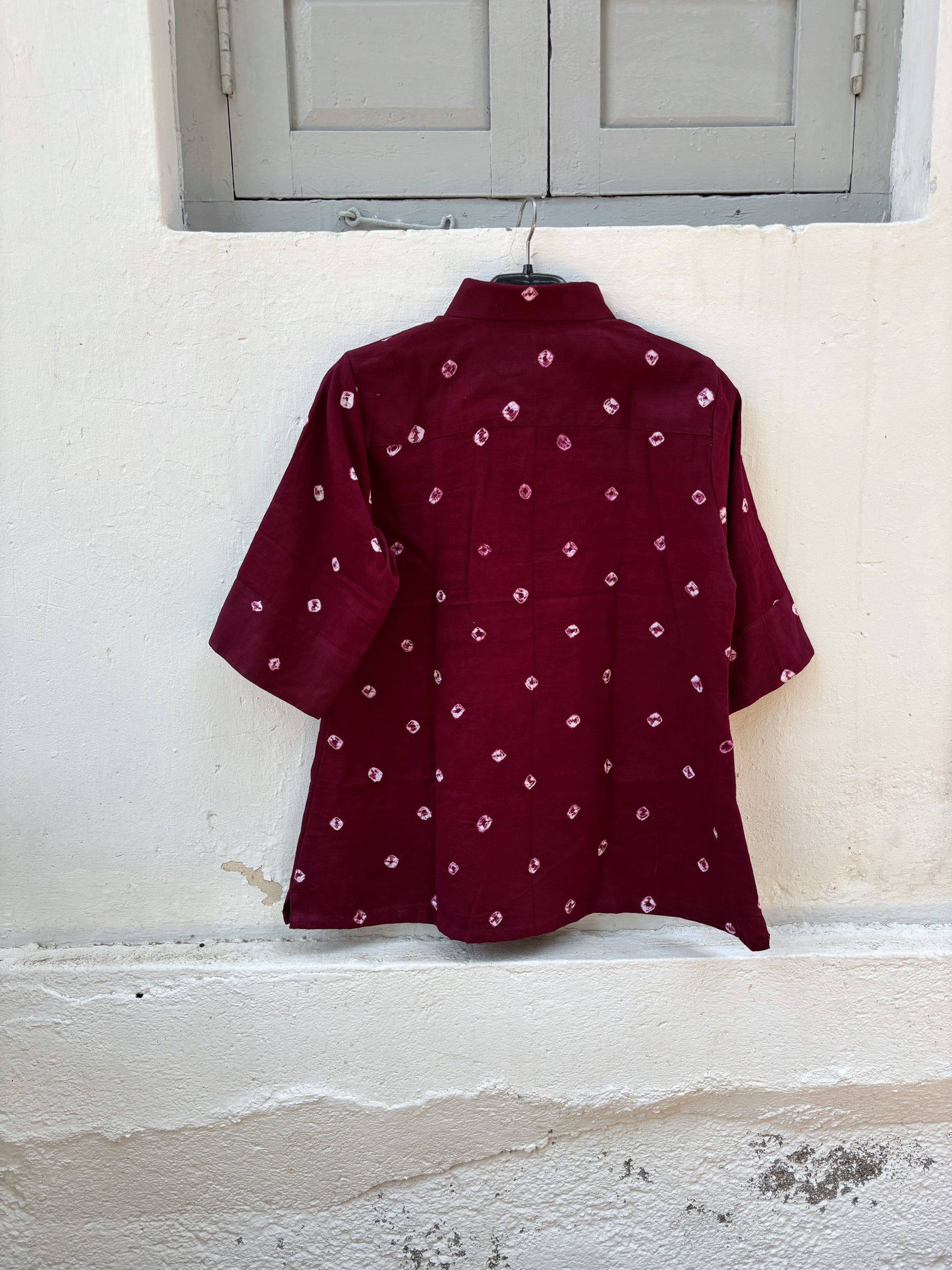 Angoor Dani wine maroon Bandhani cotton satin relaxed fit collared shirt for women