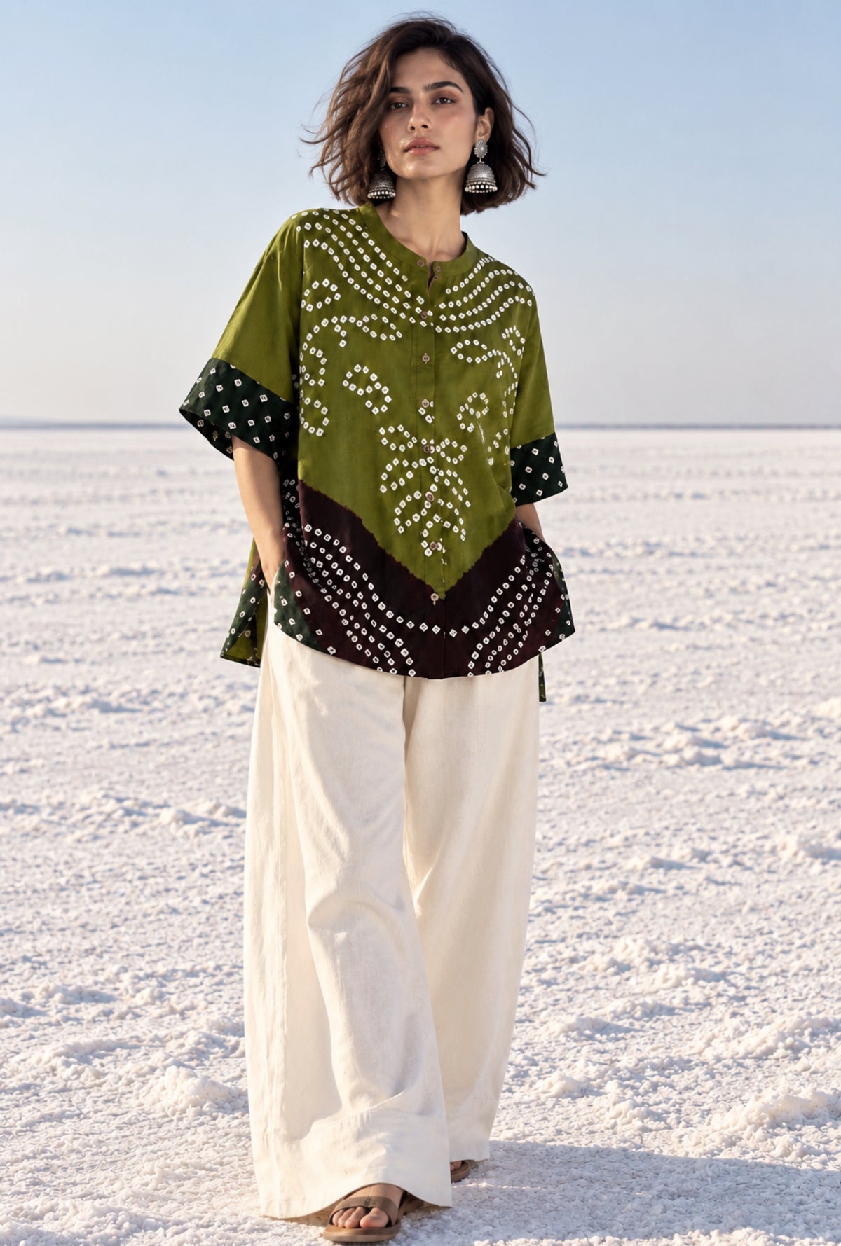 Aranya three-shade Bandhani cotton satin shirt in moss olive green, deep forest green and deep maroon with ivory motifs